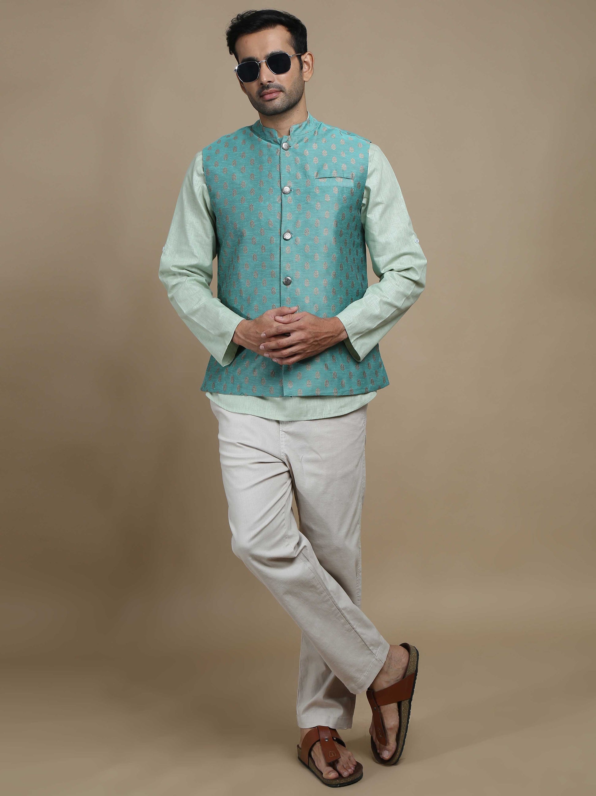 Teal Grey Banarasi Buta Nehru Jacket