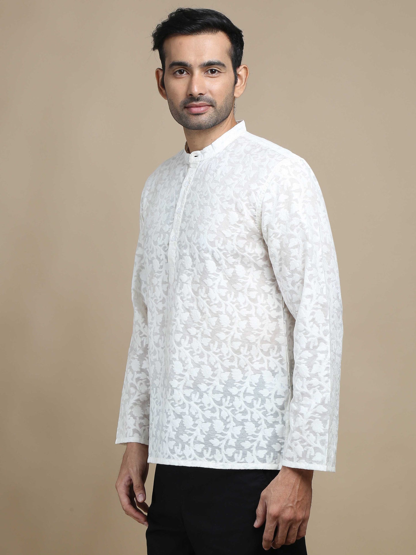 White Banarasi Floral Short Kurta for Men