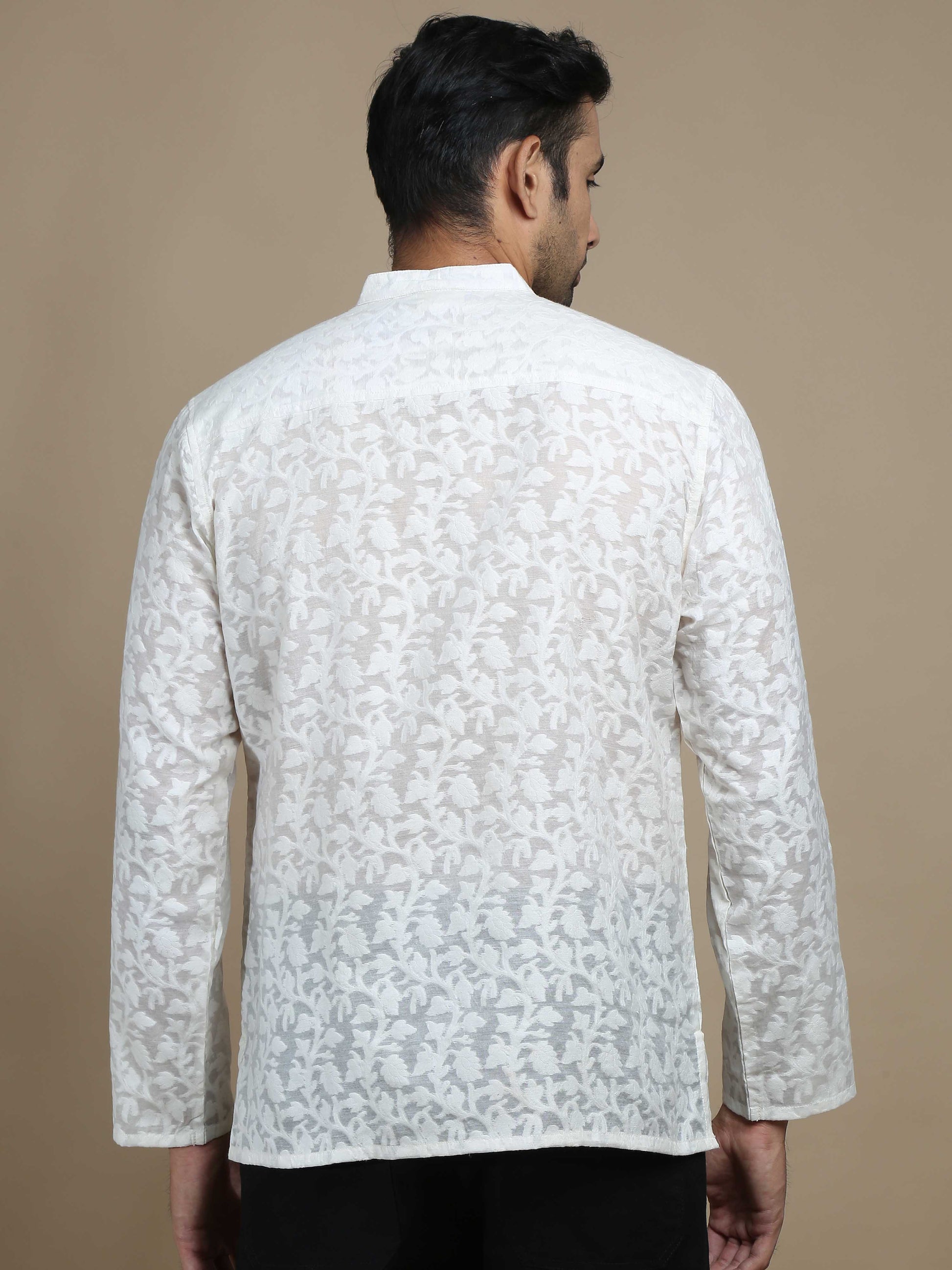 White Banarasi Floral Short Kurta for Men