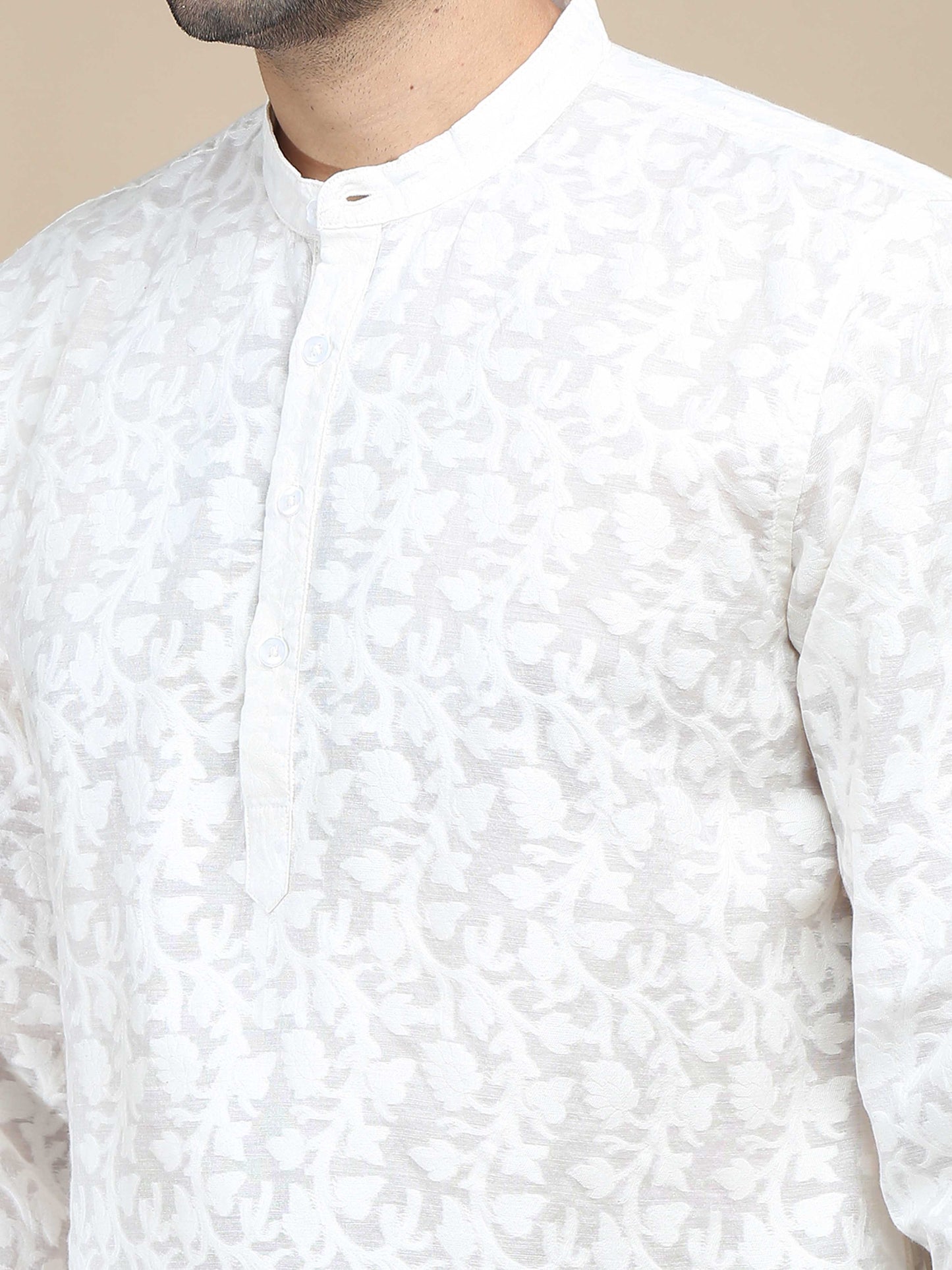 White Banarasi Floral Short Kurta for Men