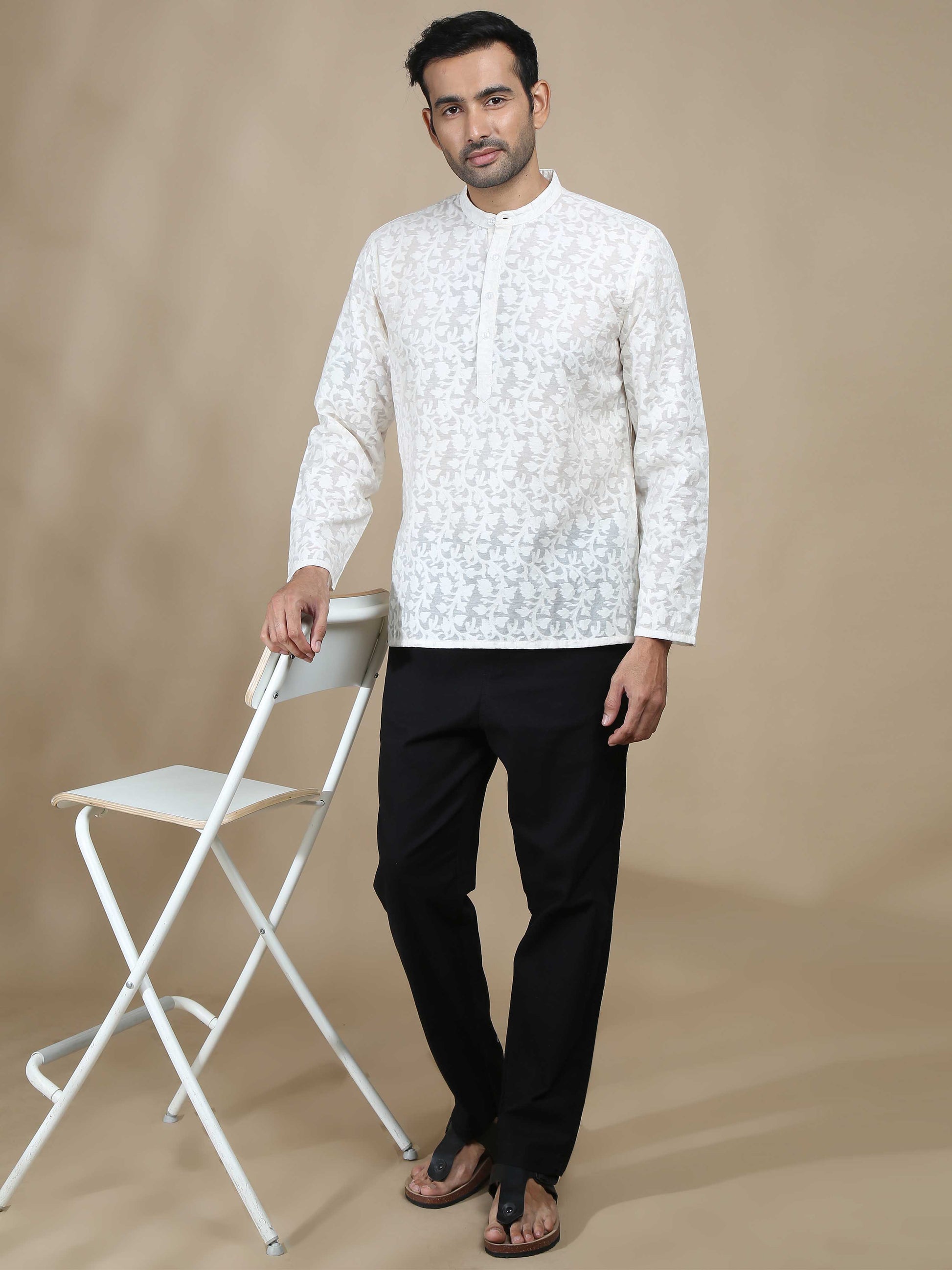 White Banarasi Floral Short Kurta for Men