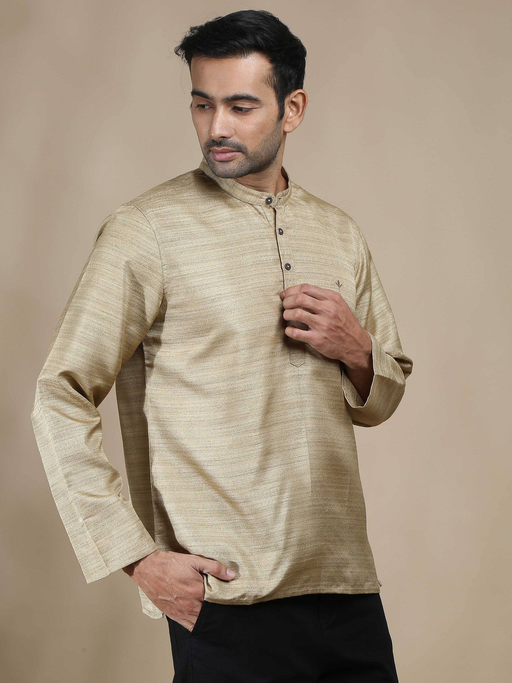 Beige Textured Short Kurta for Men