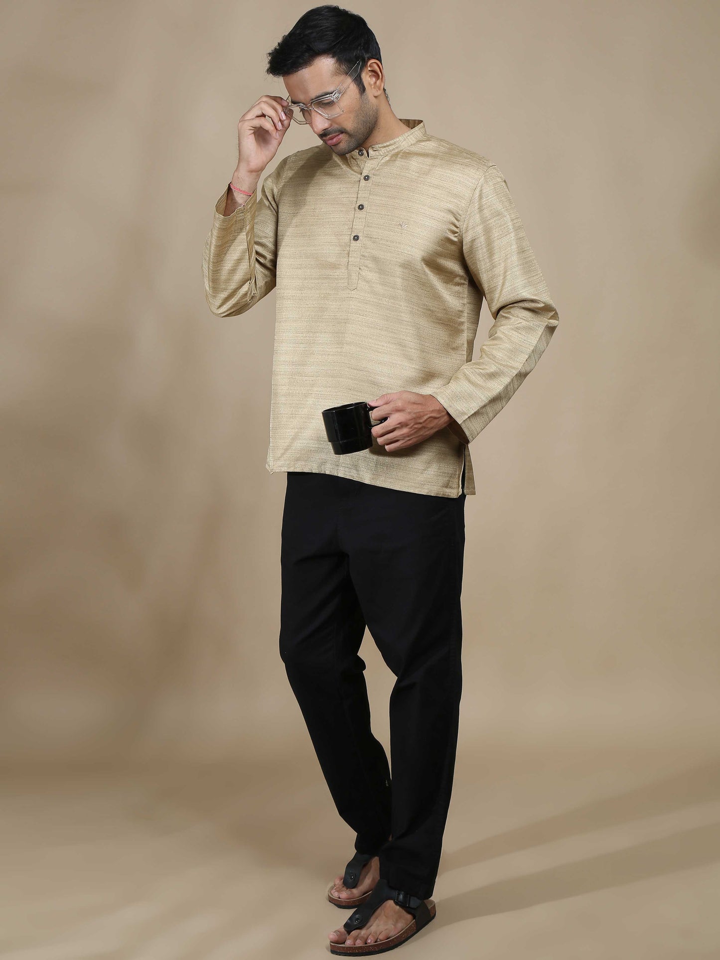 Beige Textured Short Kurta for Men