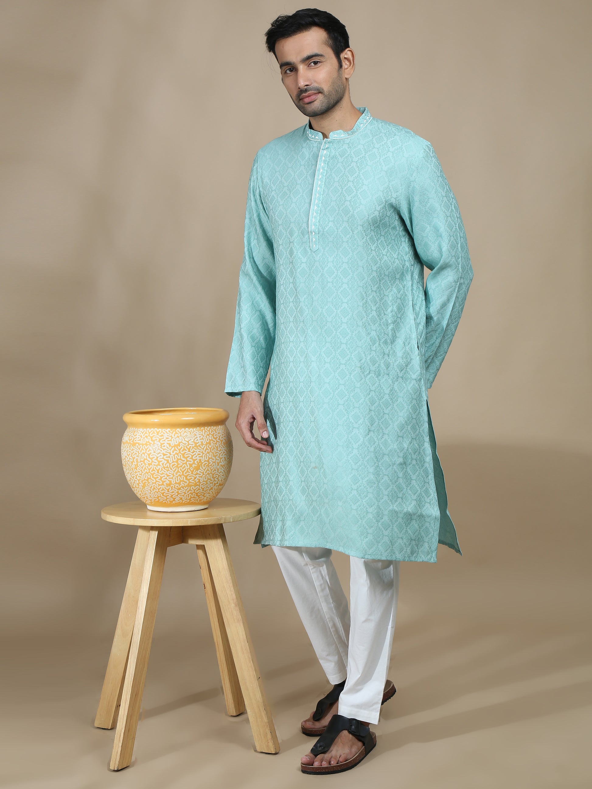 Mint Blue Embroidered Banarasi Long kurta for men 