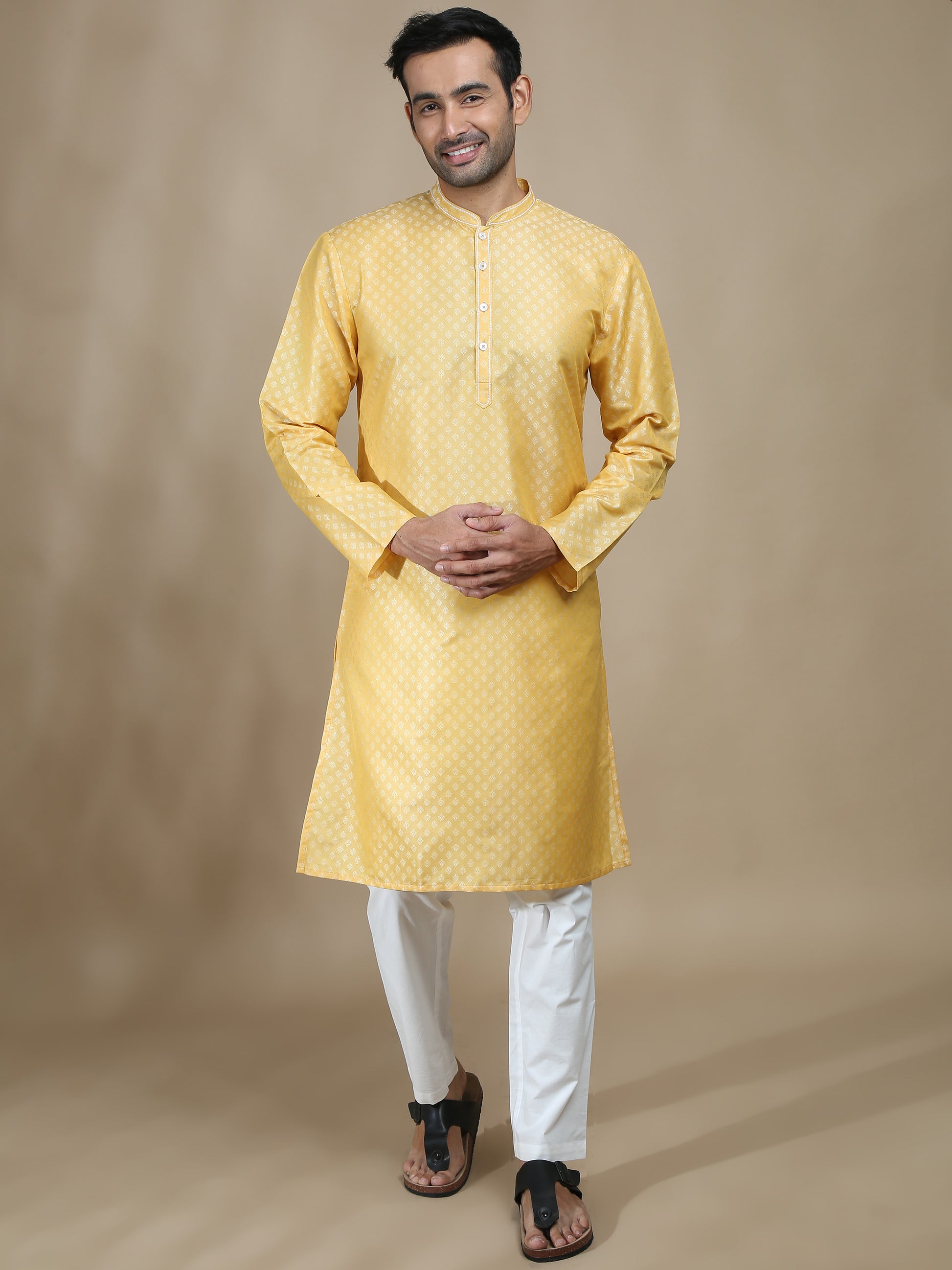 Lemon Yellow Banarasi Buta Long Kurta for Men