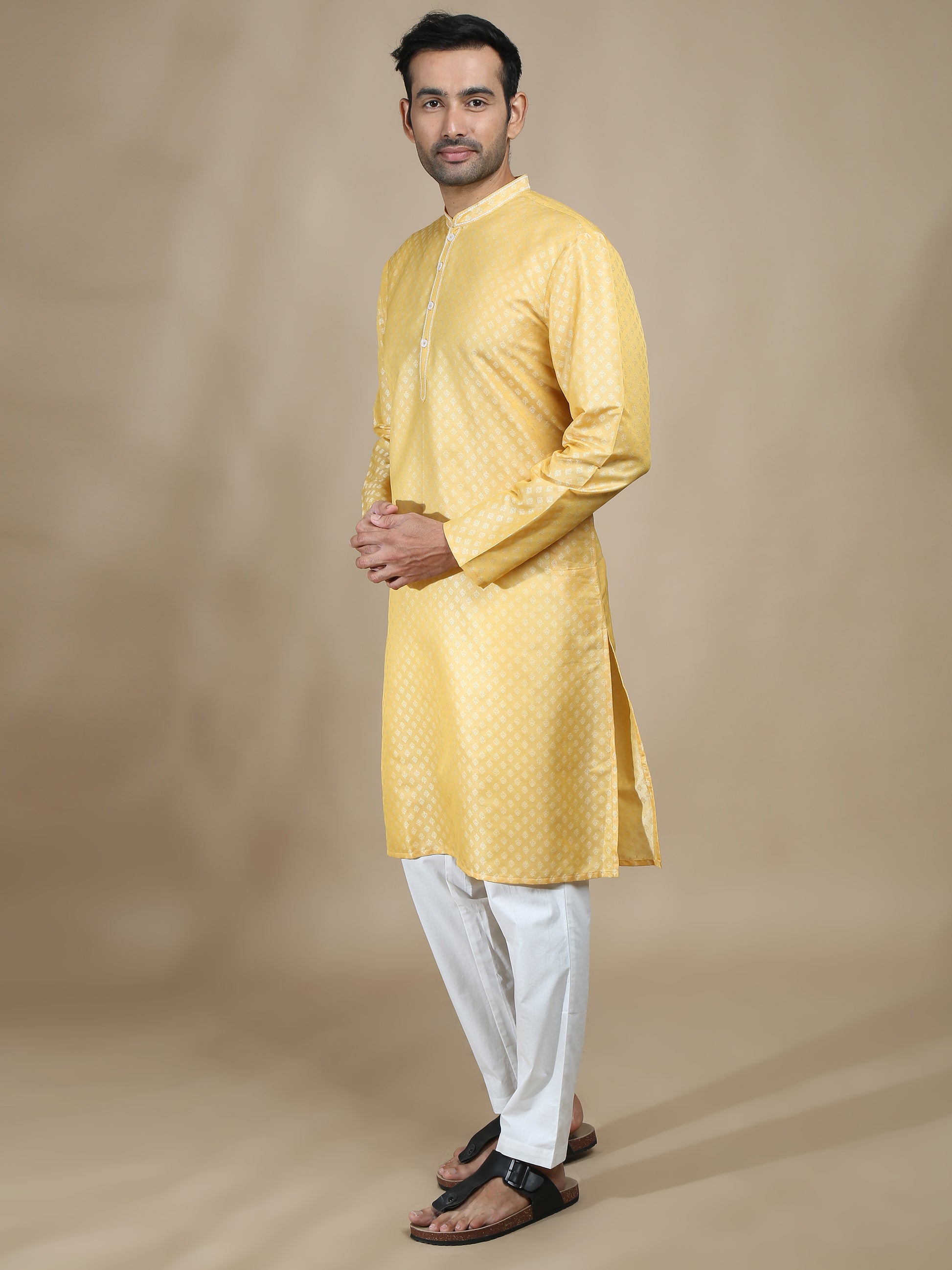 Lemon Yellow Banarasi Buta Long Kurta for Men