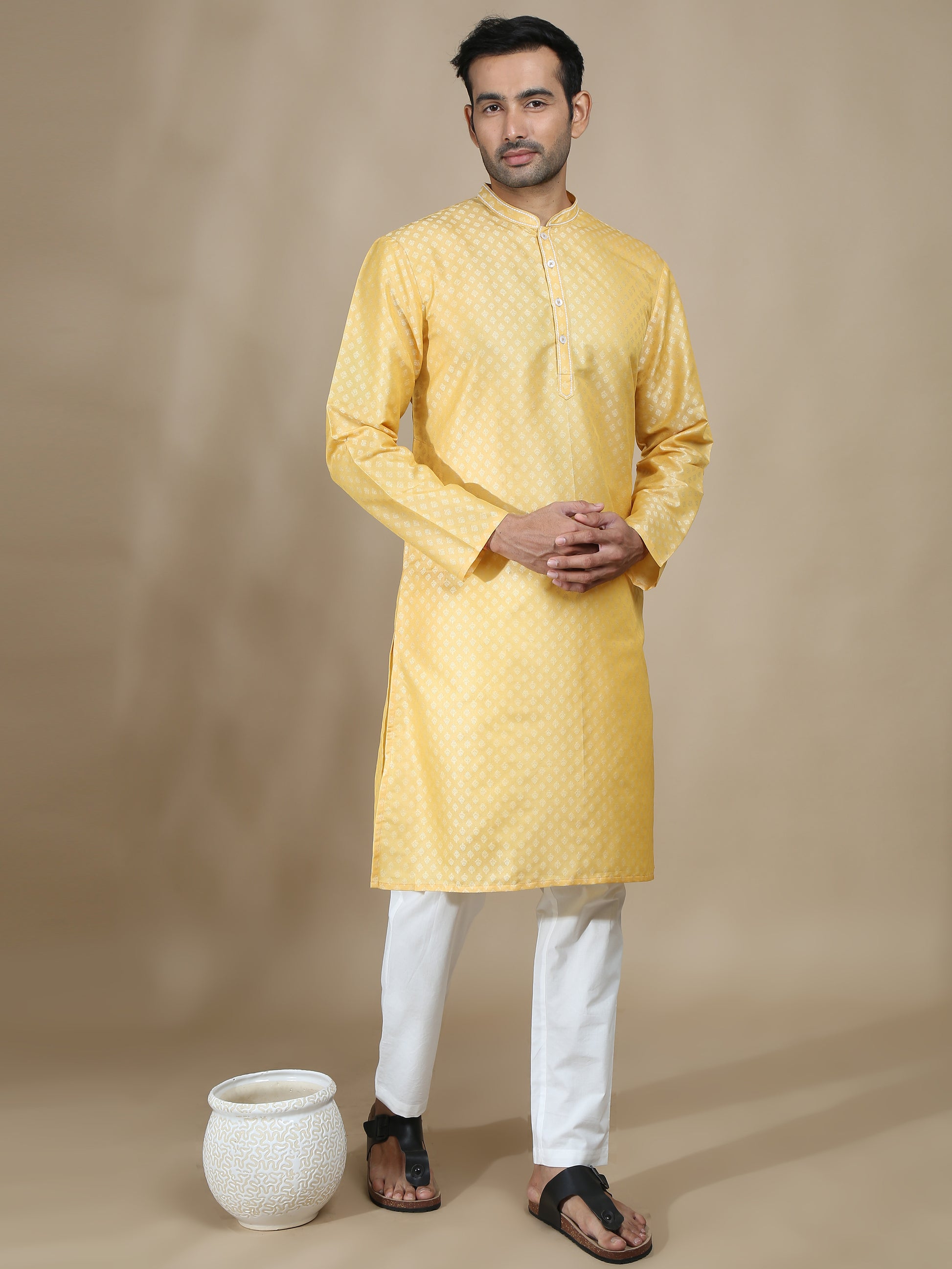 Lemon Yellow Banarasi Buta Long Kurta for Men