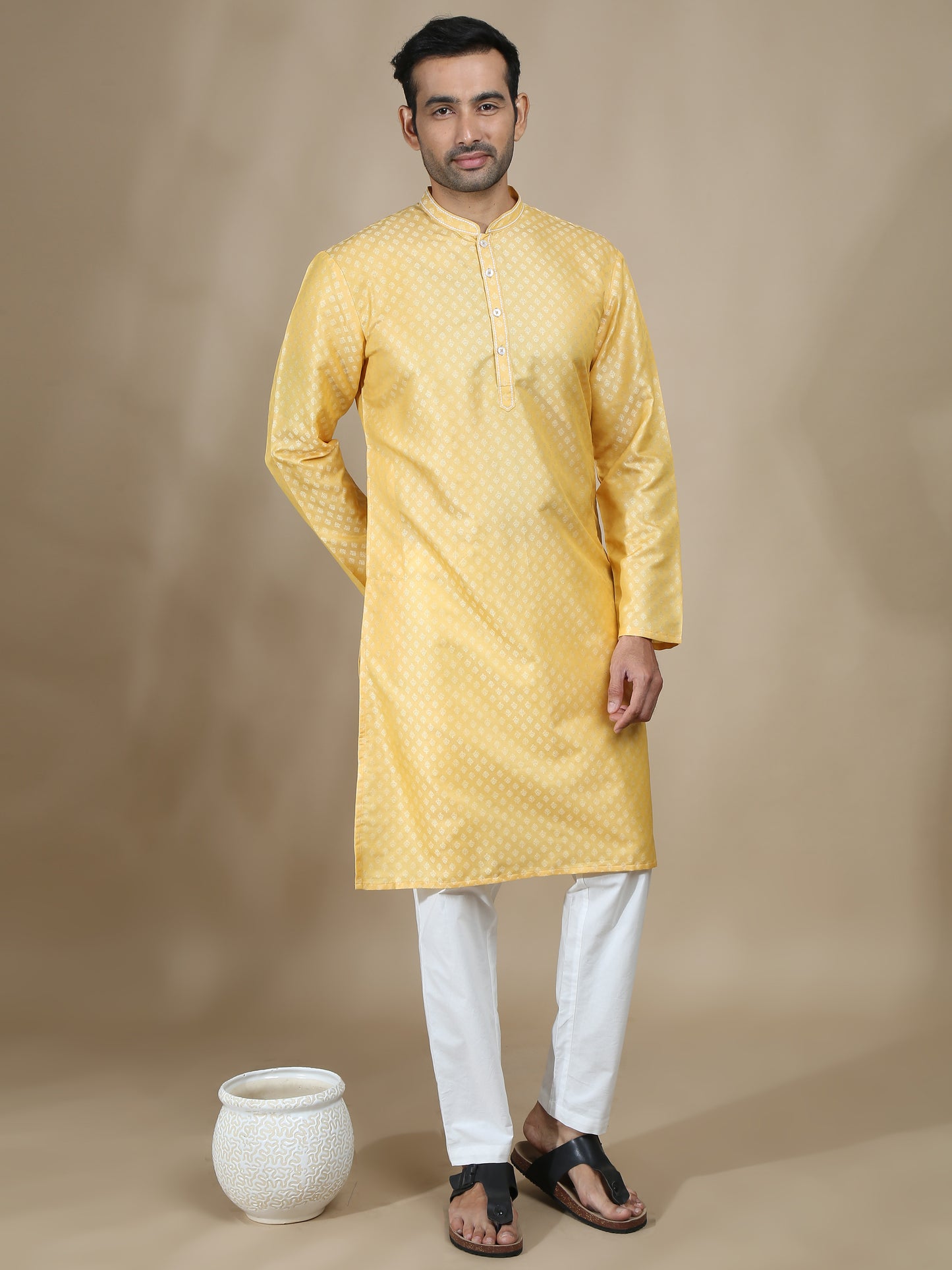 Lemon Yellow Banarasi Buta Long Kurta for Men