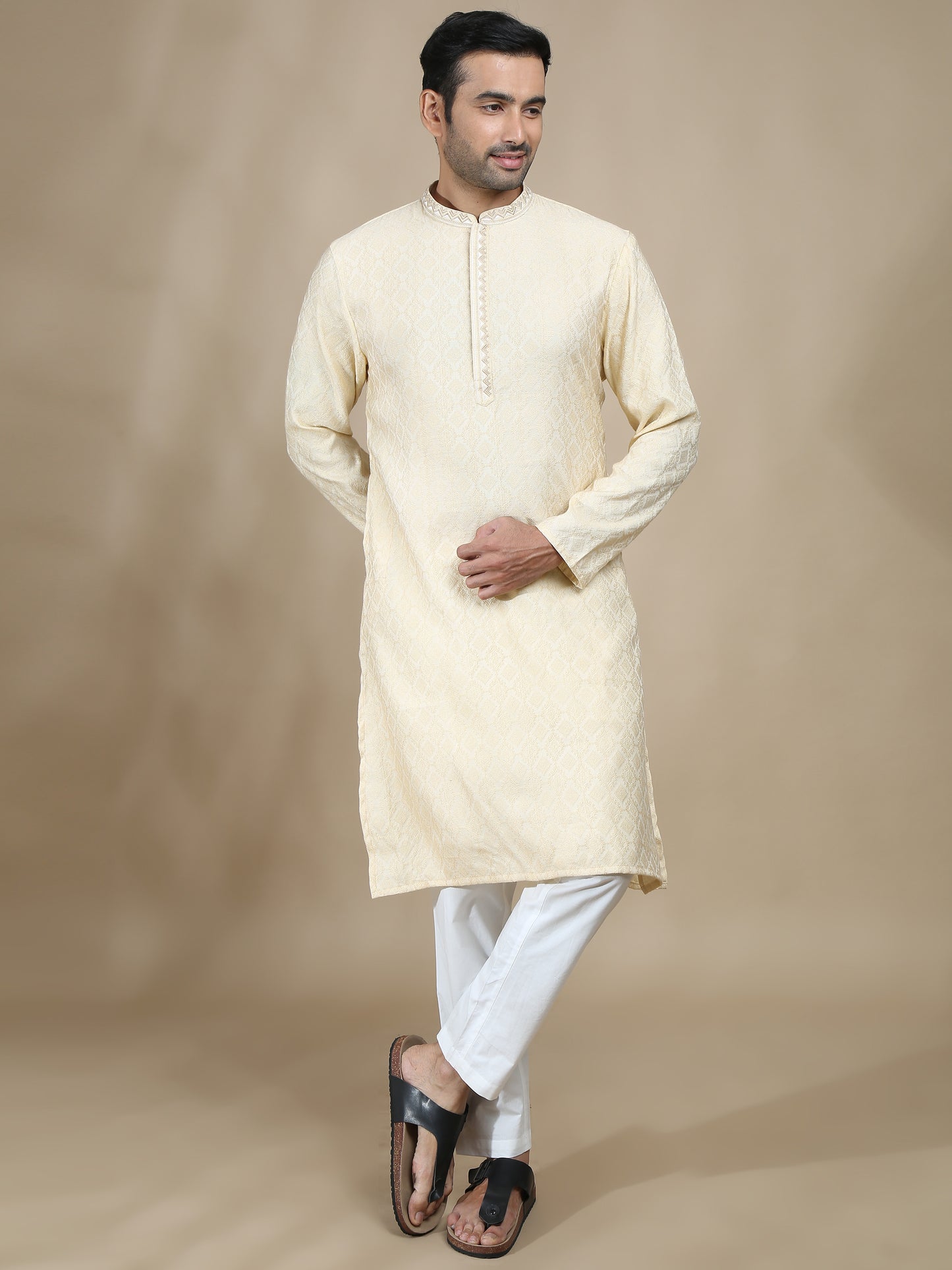 Off White Embroidered Banarasi Long Kurta