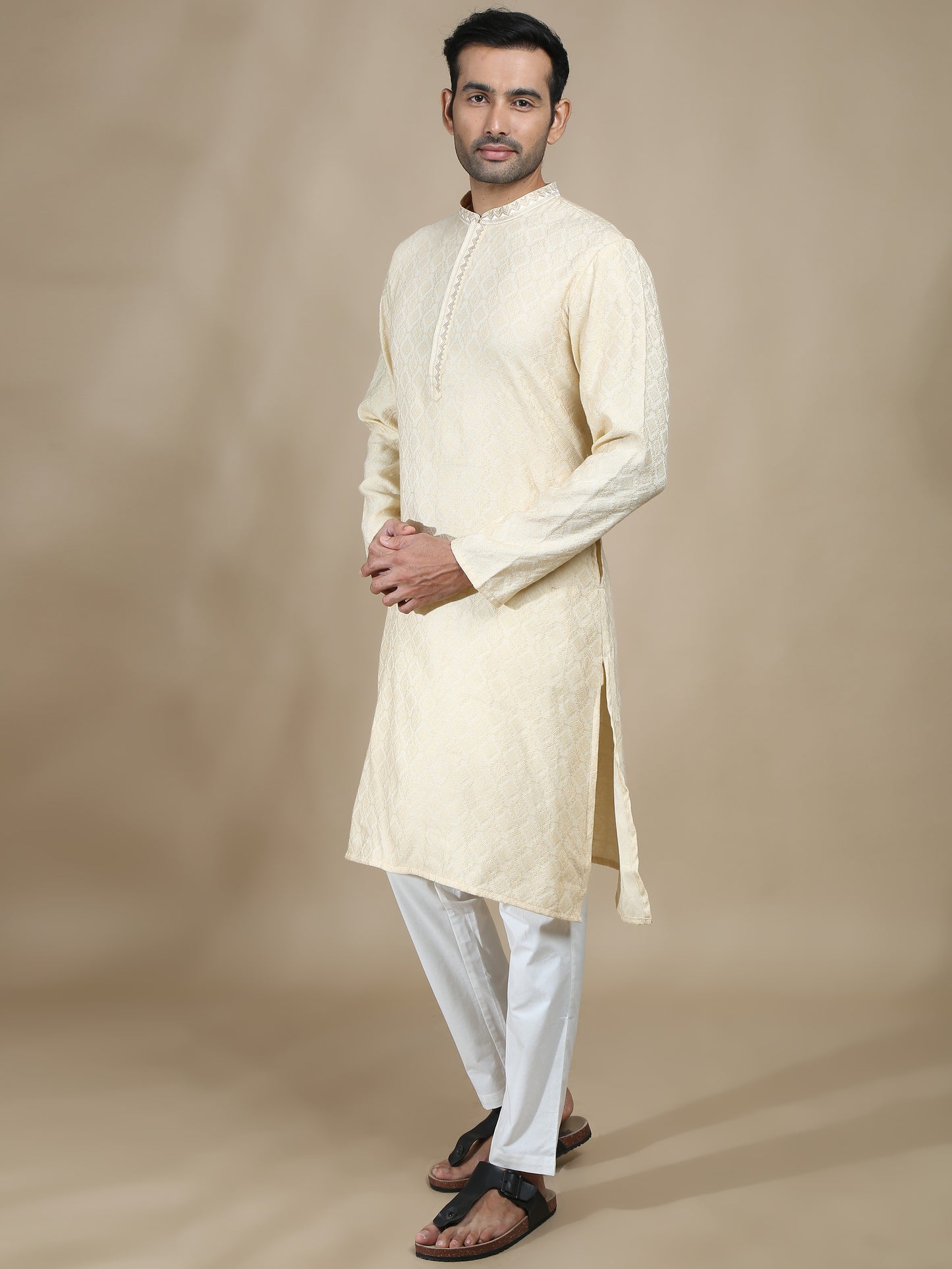 Off White Embroidered Banarasi Long Kurta