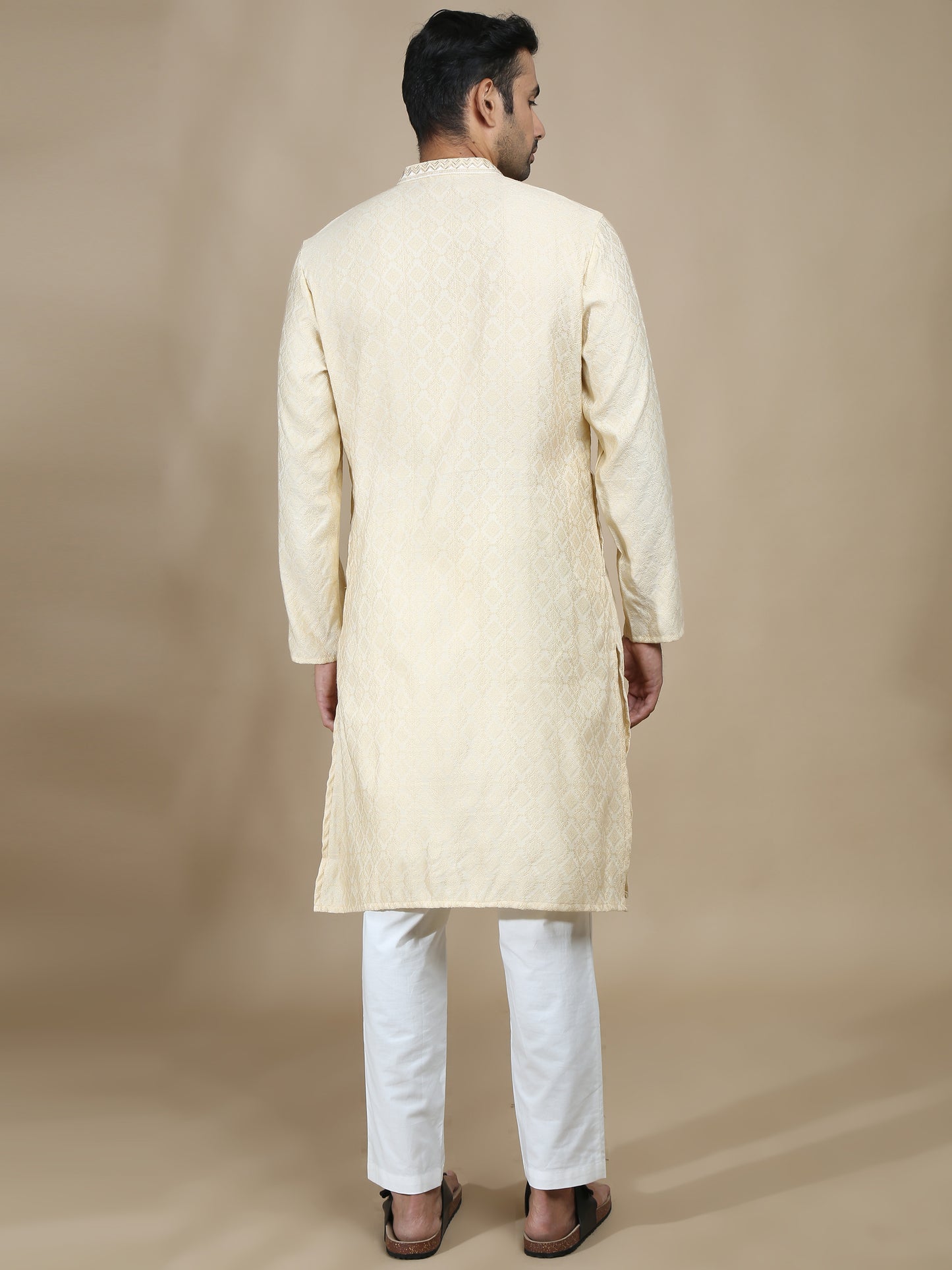 Off White Embroidered Banarasi Long Kurta