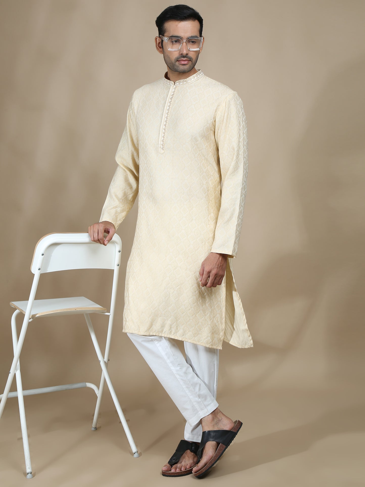 Off White Embroidered Banarasi Long Kurta