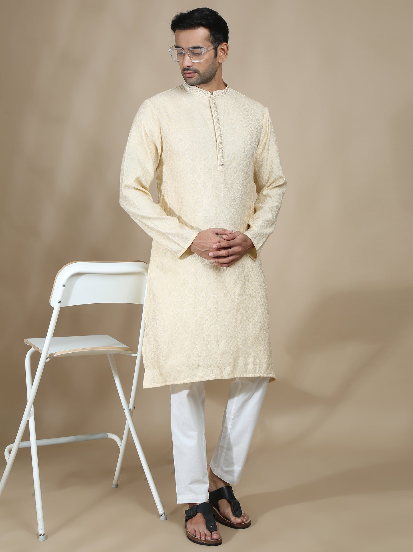 Off White Embroidered Banarasi Long Kurta