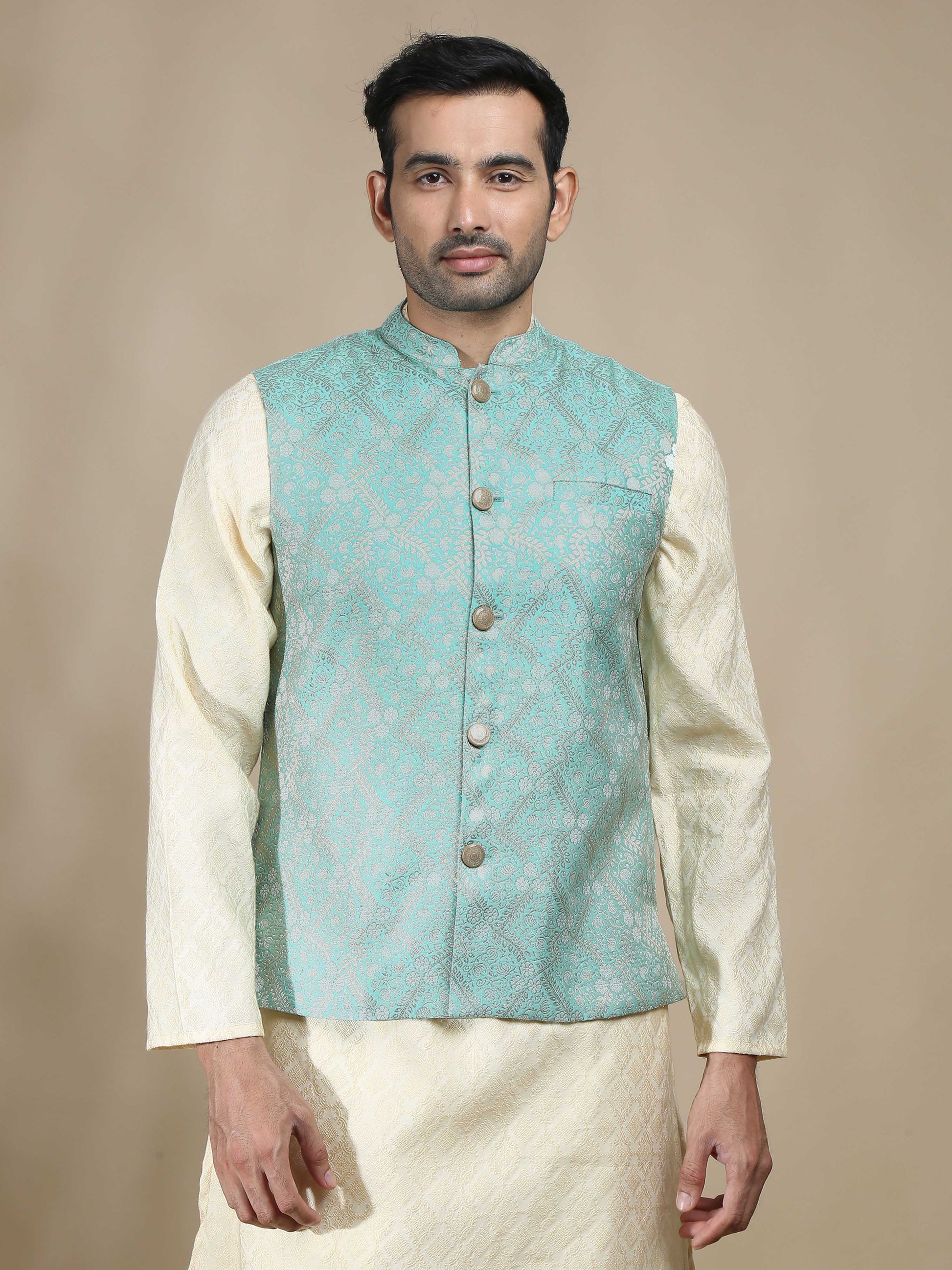 Green Brocade Nehru Jacket for Men