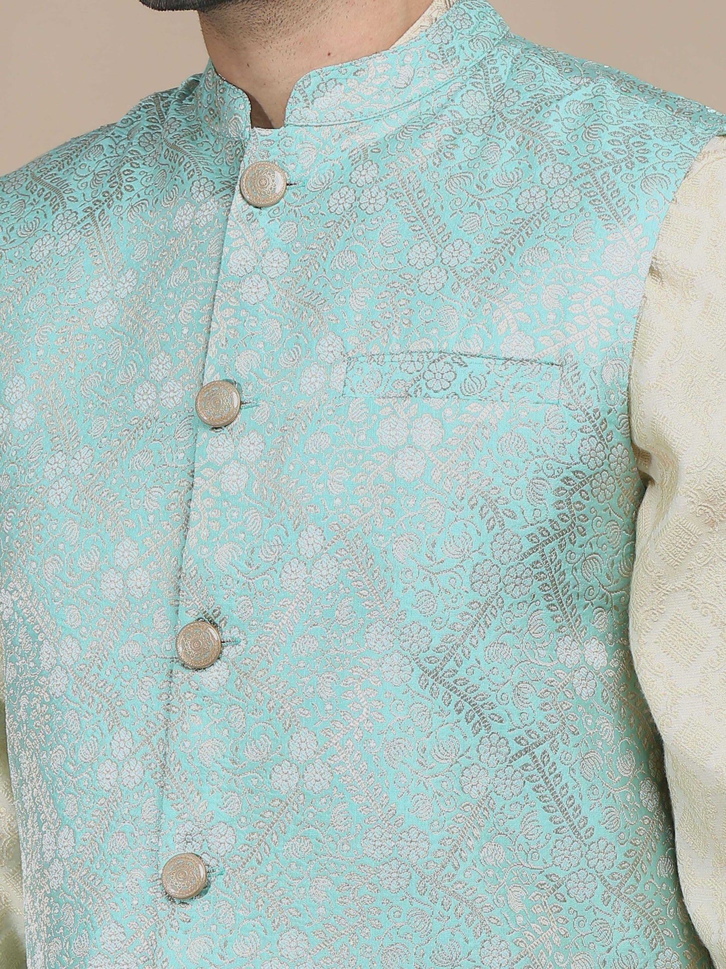 Green Brocade Nehru Jacket for Men