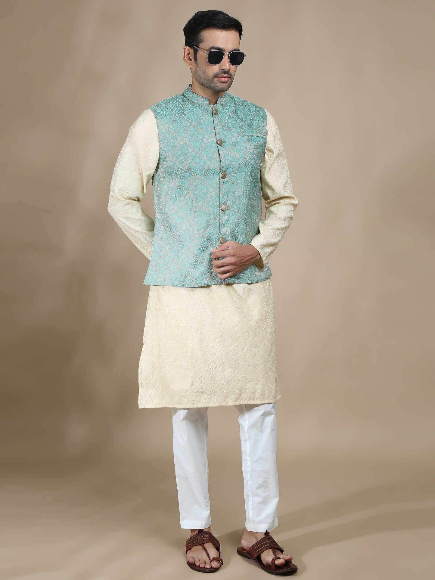 Green Brocade Nehru Jacket for Men