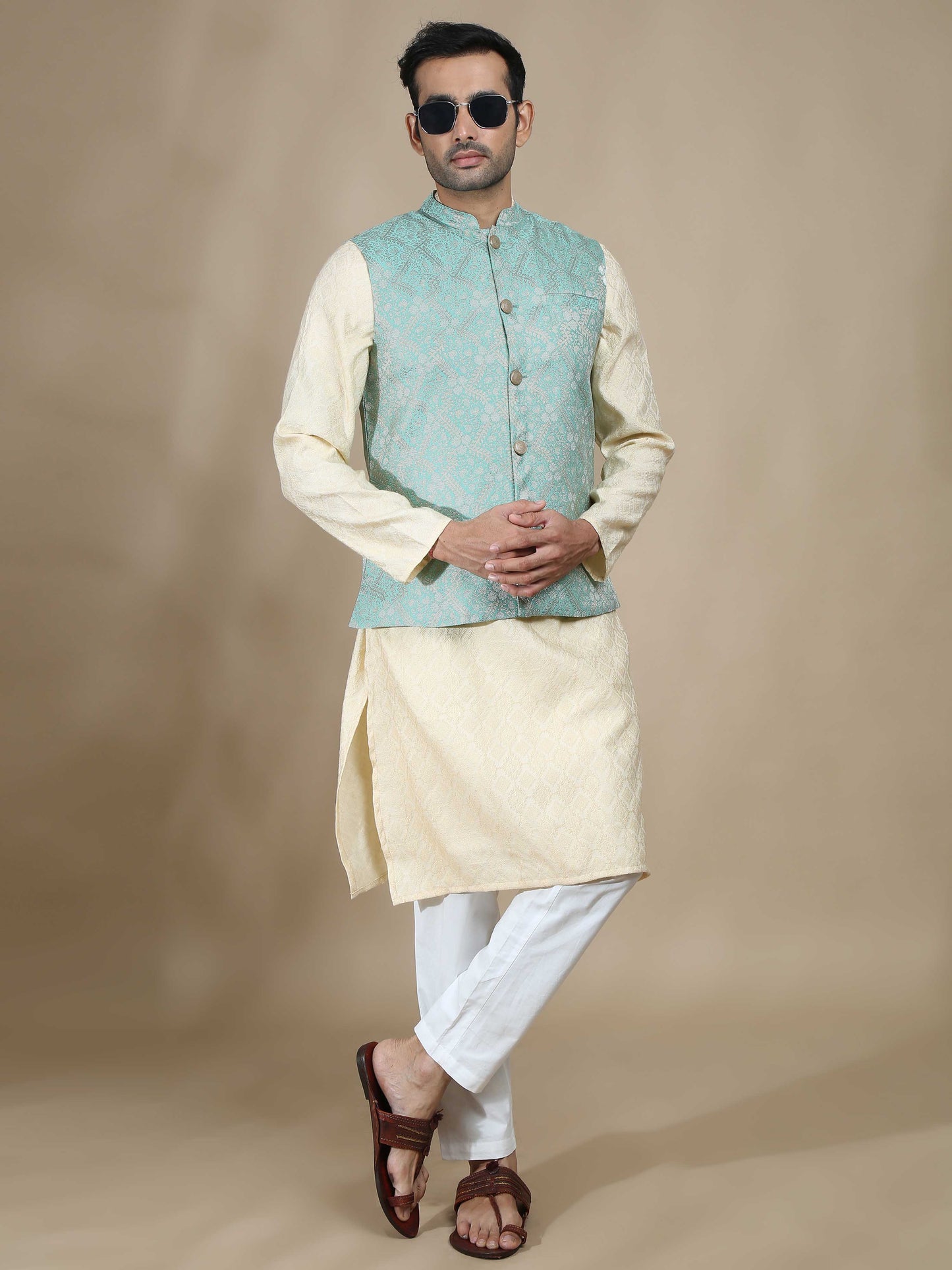 Green Brocade Nehru Jacket for Men