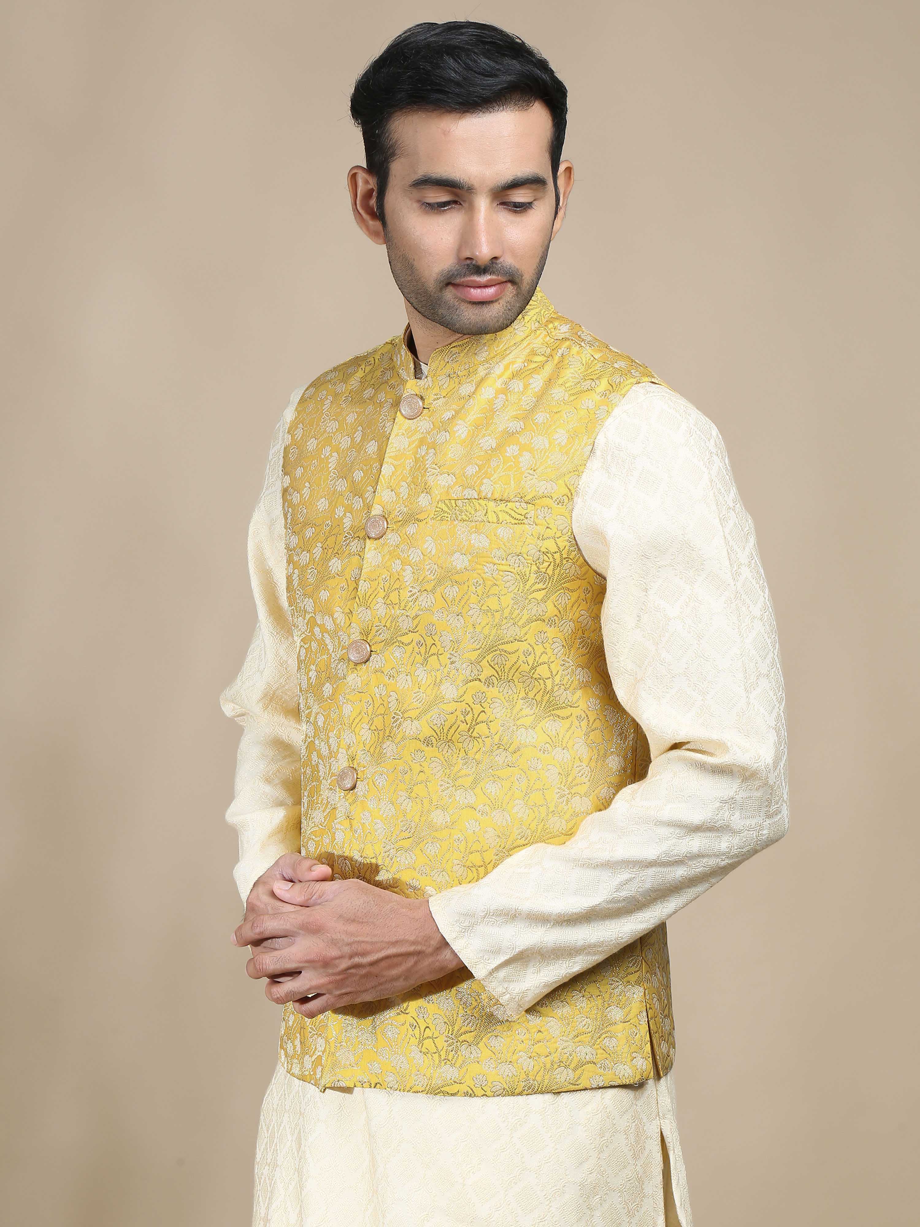 Buy Latest Yellow Brocade Nehru Jacket for Men Online