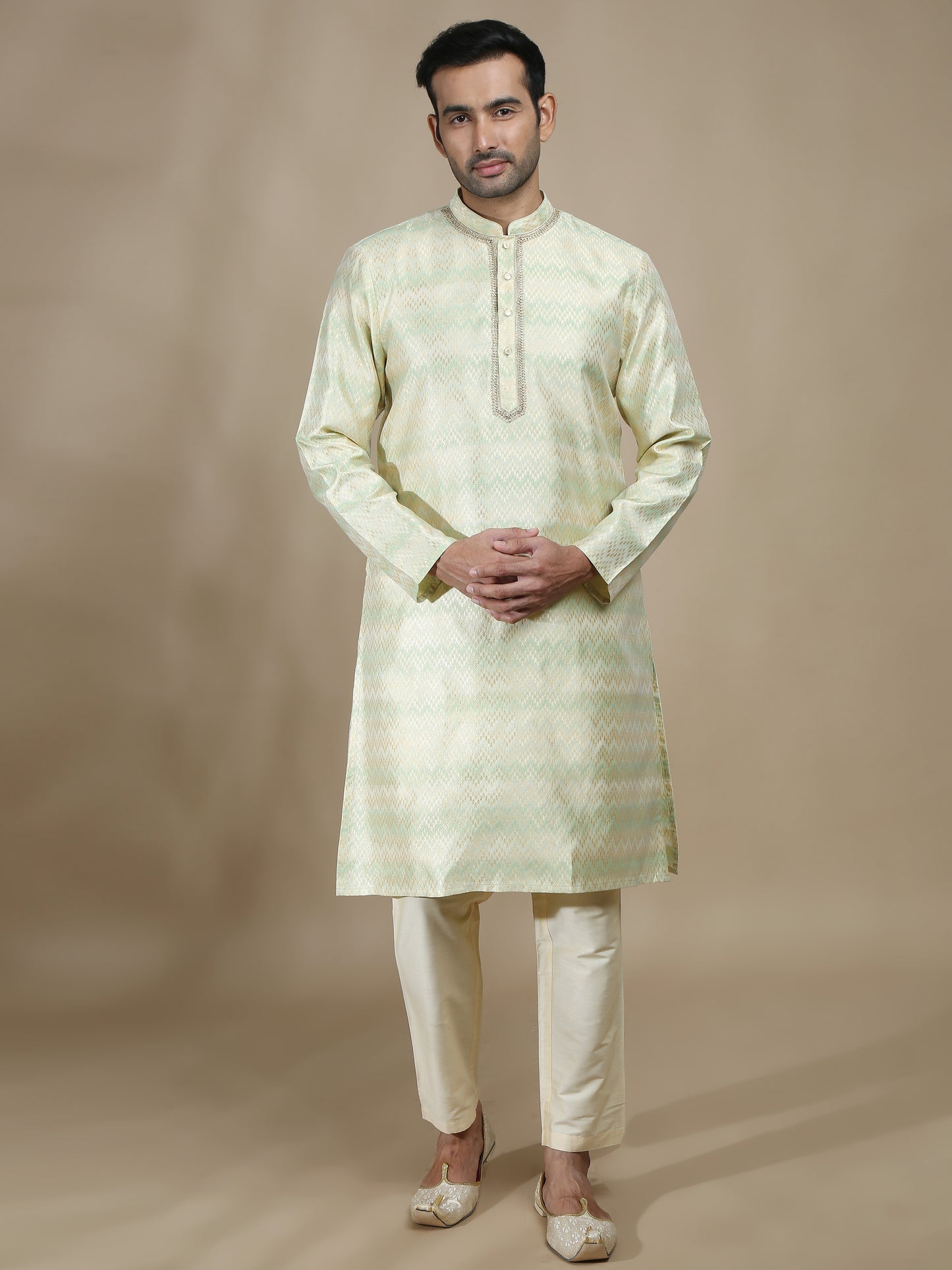 Banarasi Brocade Green and Grey Long Kurta for Men