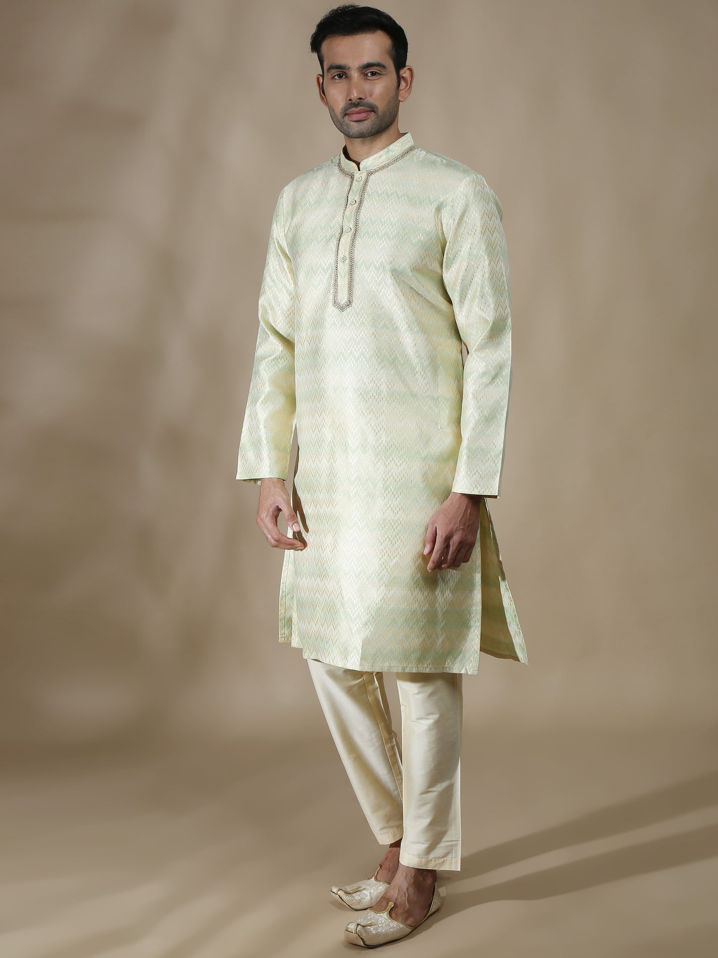 Banarasi Brocade Green and Grey Long Kurta for Men