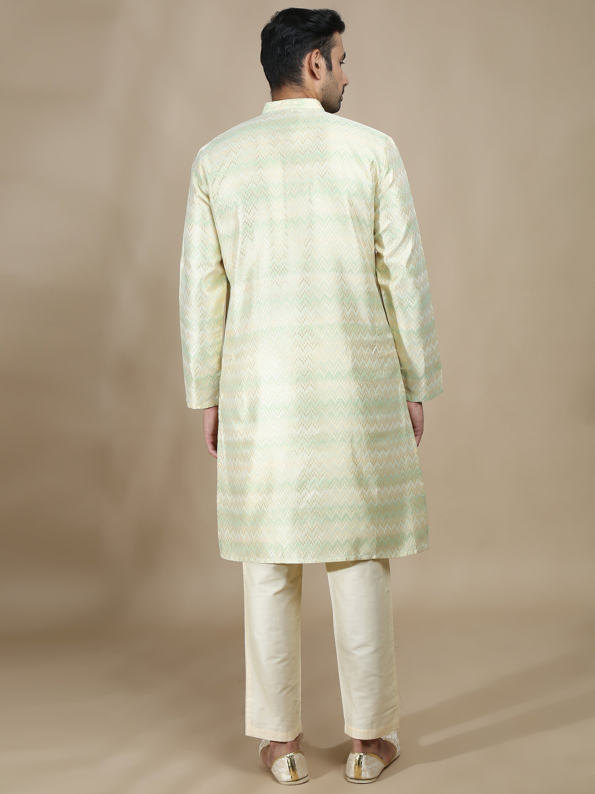 Banarasi Brocade Green and Grey Long Kurta for Men