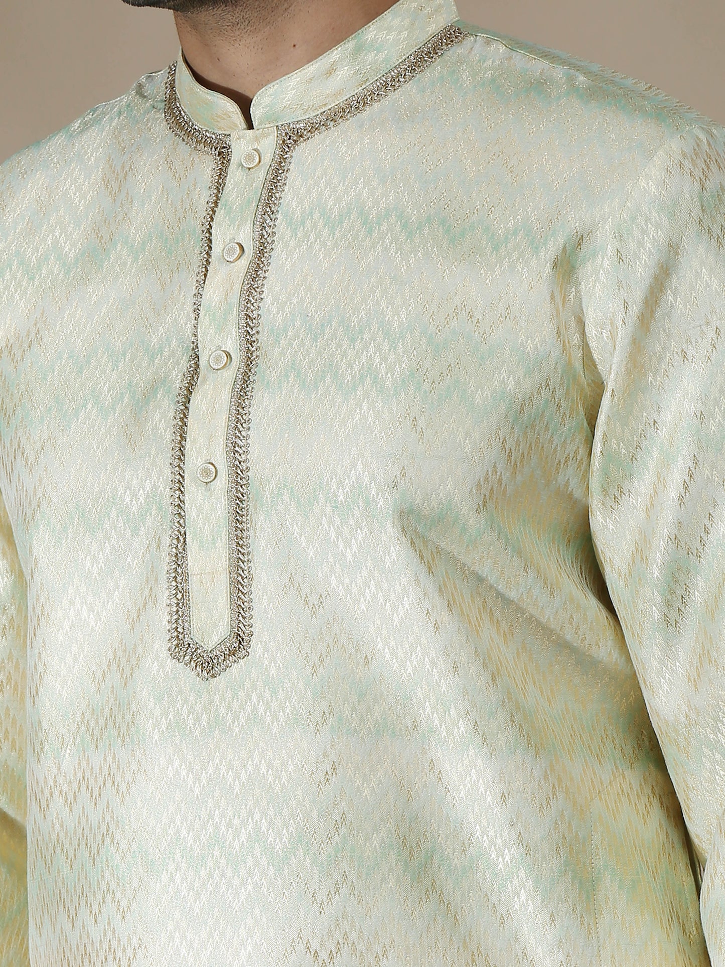 Banarasi Brocade Green and Grey Long Kurta for Men