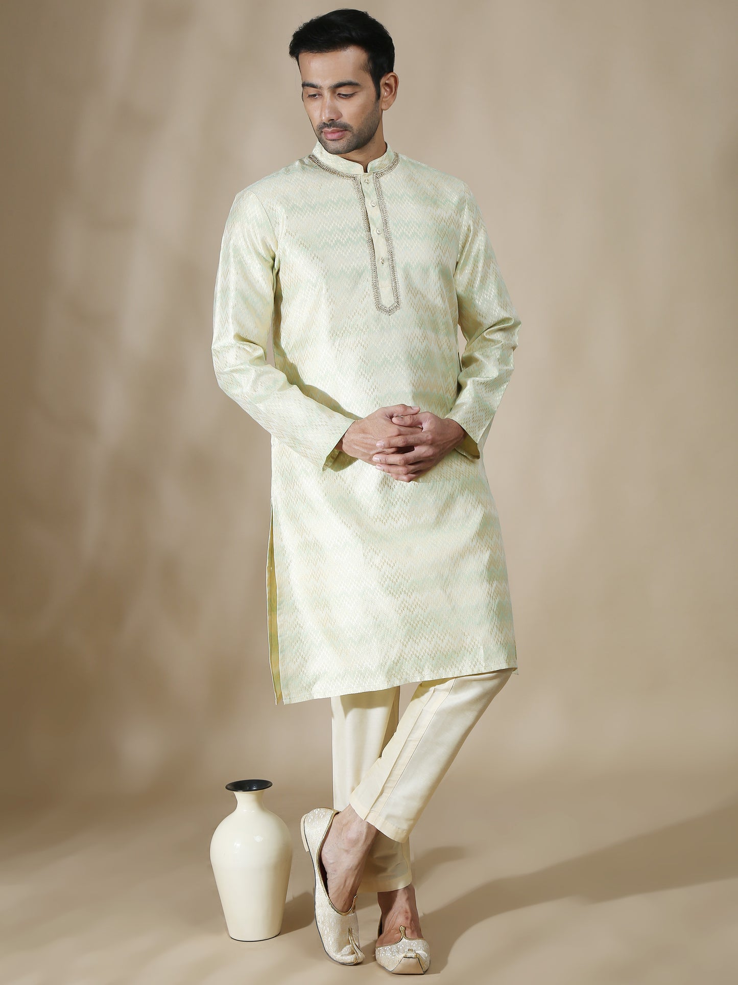 Banarasi Brocade Green and Grey Long Kurta for Men