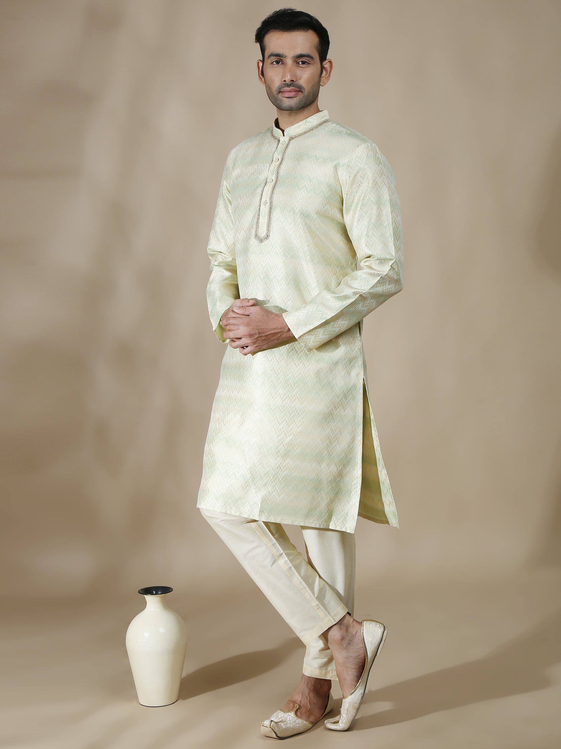 Banarasi Brocade Green and Grey Long Kurta for Men