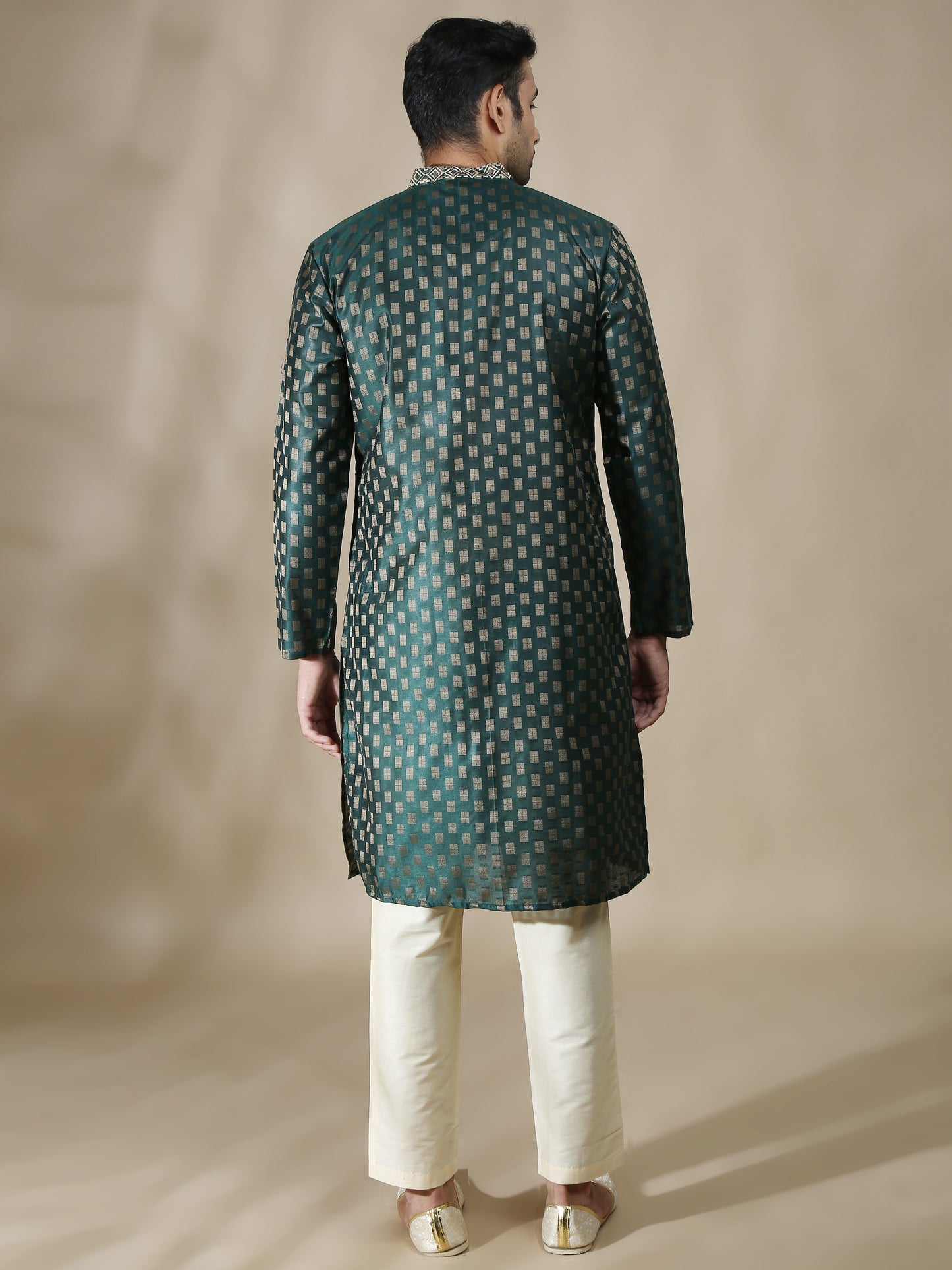 Embroidered Bottle Green Long Kurta for Men 