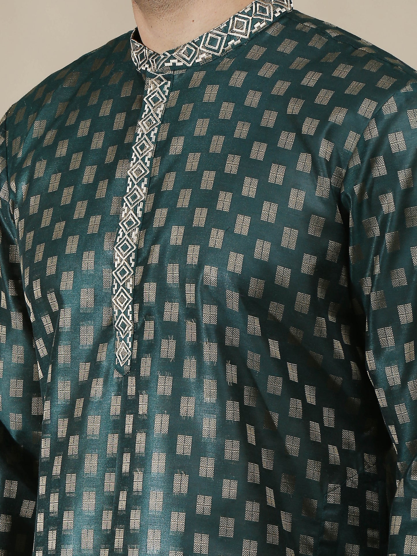 Embroidered Bottle Green Long Kurta for Men 