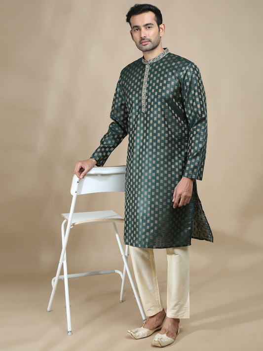 Embroidered Bottle Green Long Kurta for Men 