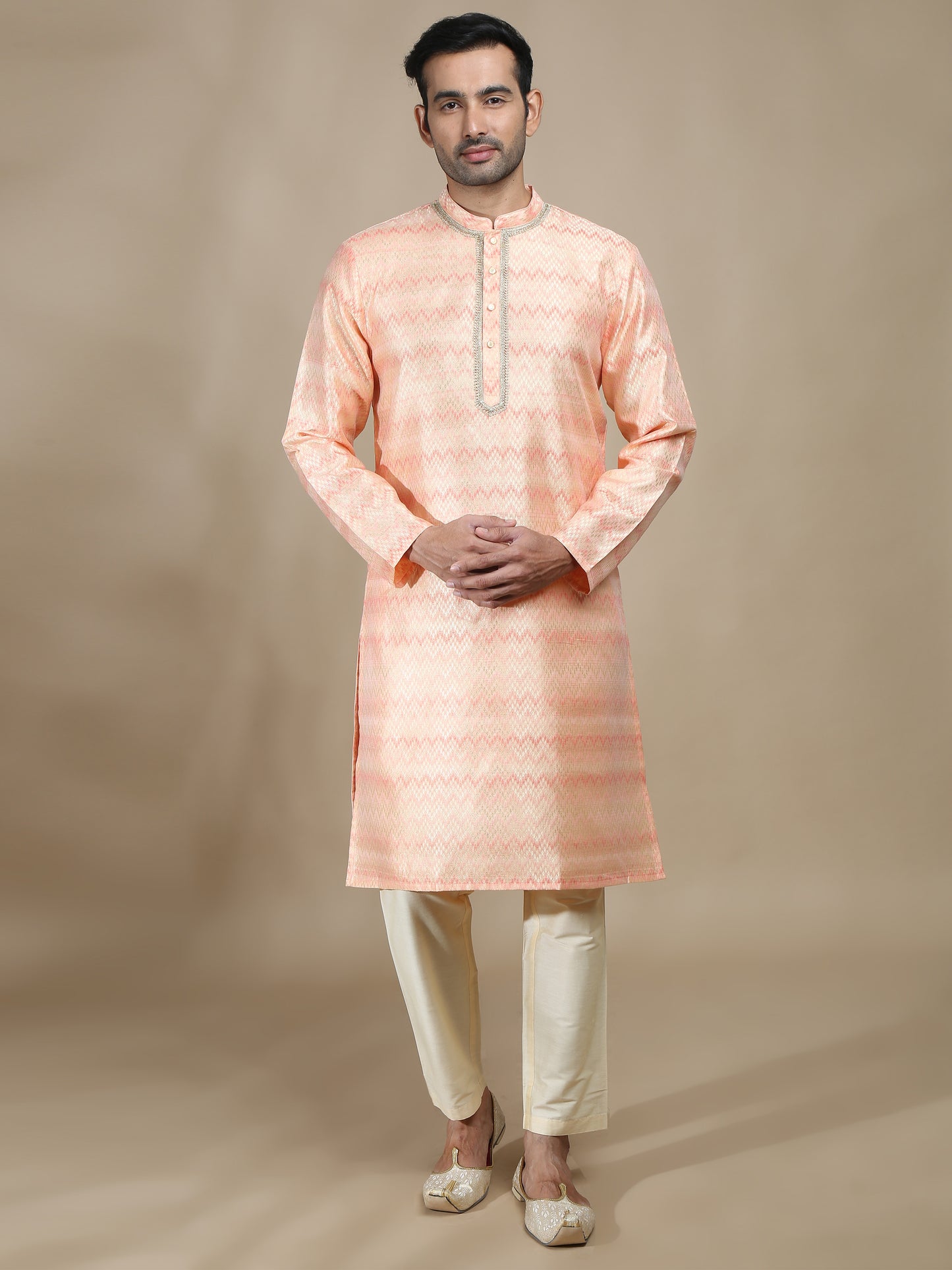 Peach and Grey Banarasi Brocade Long Kurta