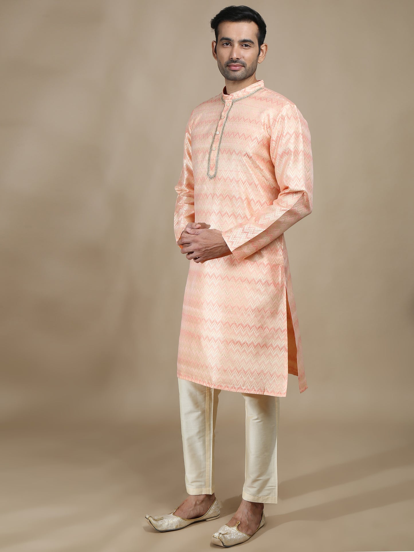 Peach and Grey Banarasi Brocade Long Kurta