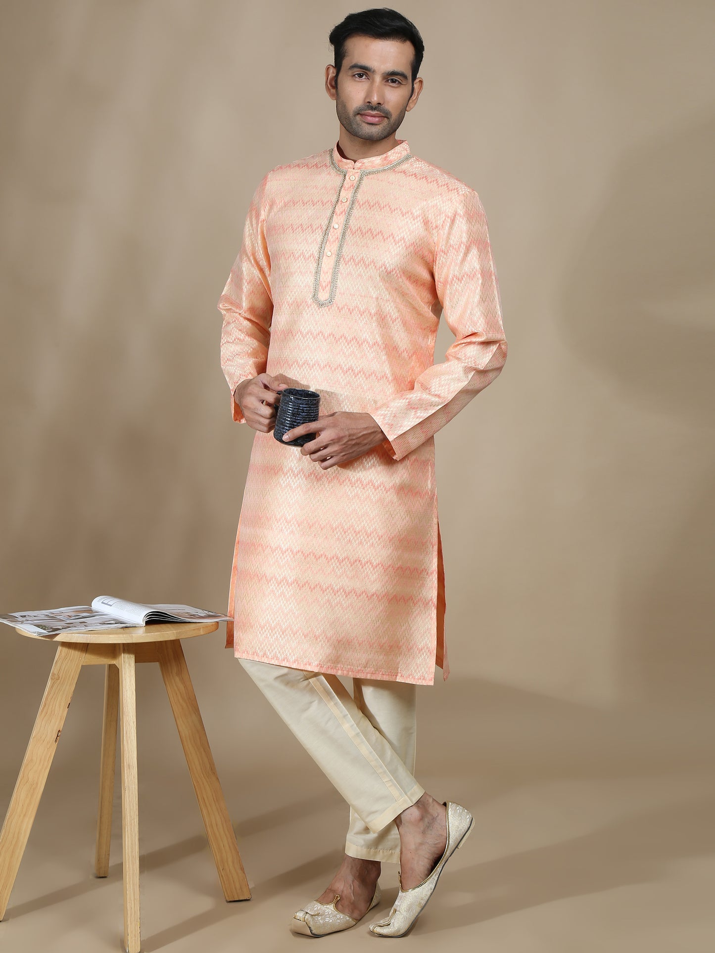 Peach and Grey Banarasi Brocade Long Kurta