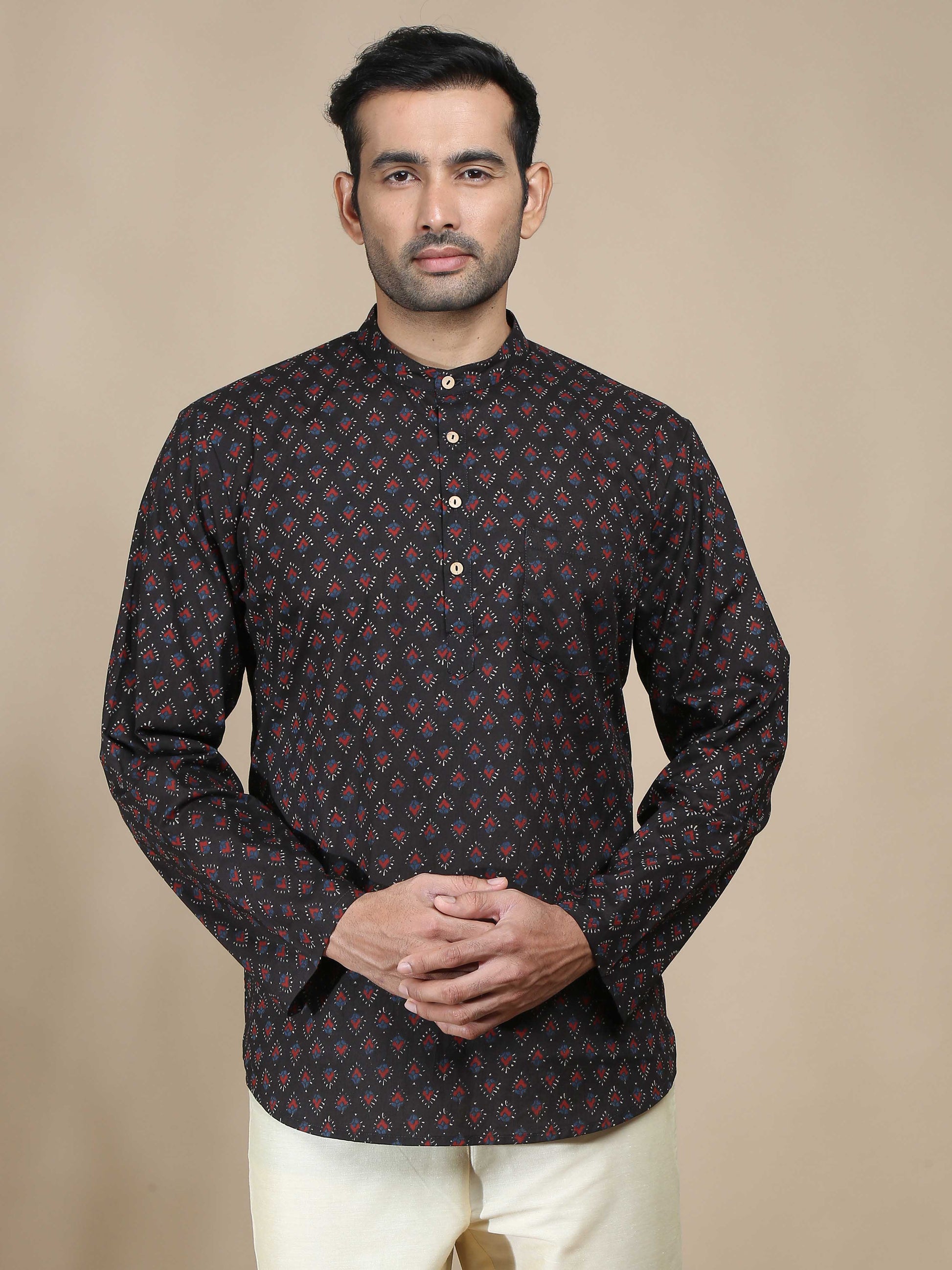 Black Jaipur Print Short Kurta for Men