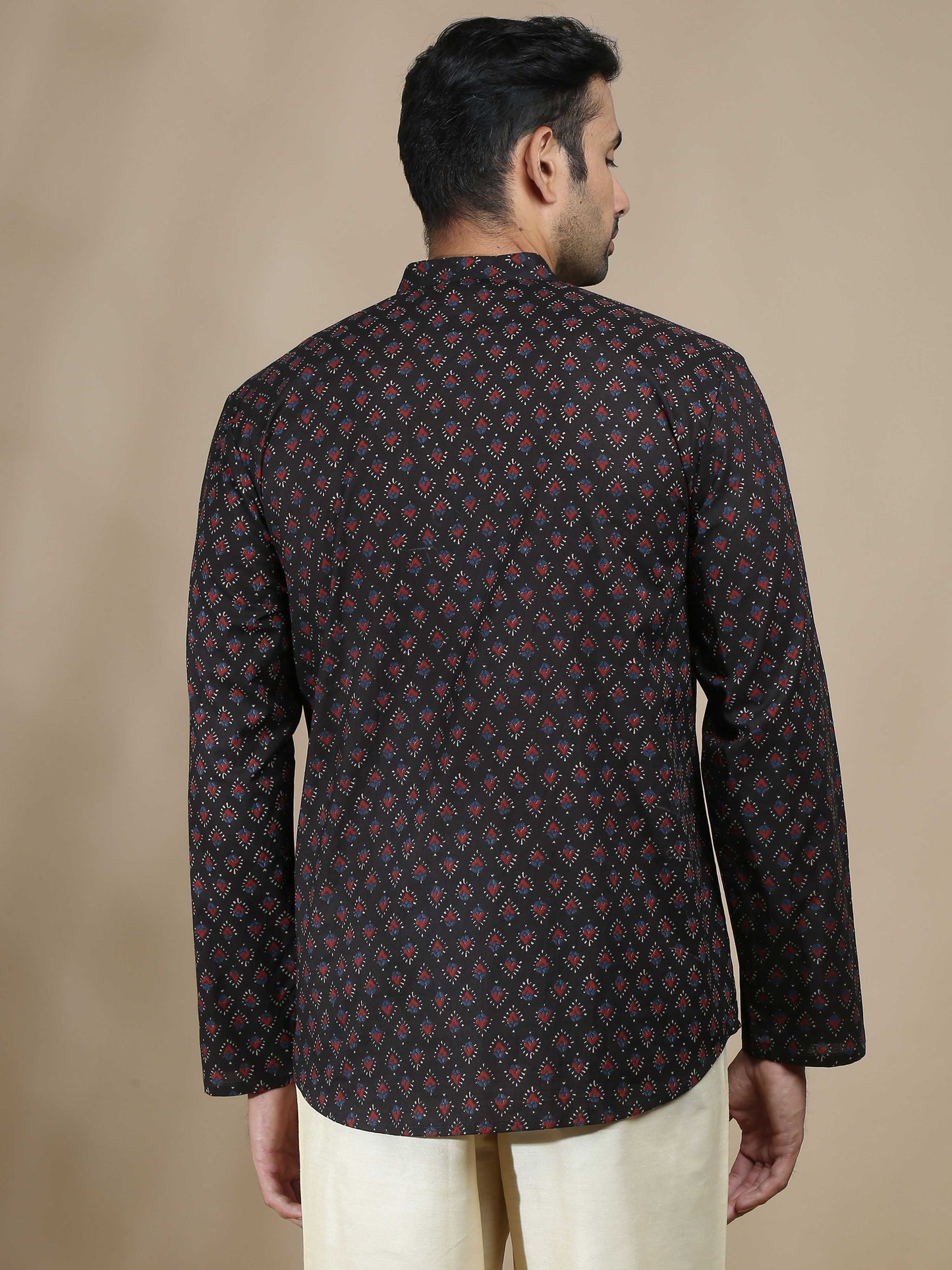 Black Jaipur Print Short Kurta for Men