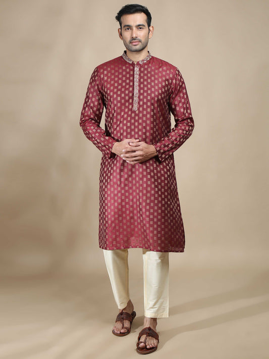 Deep Embroidered Red Long Kurta for men