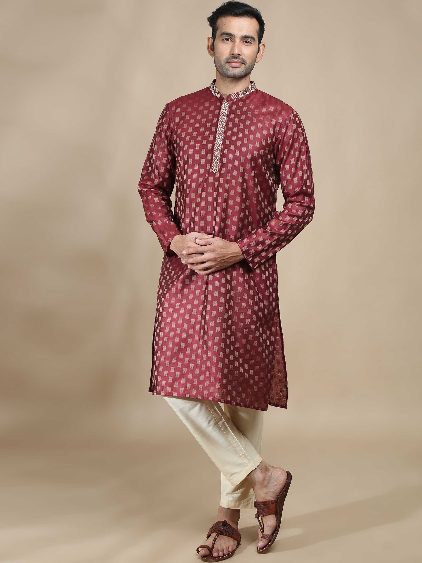 Deep Embroidered Red Long Kurta for men