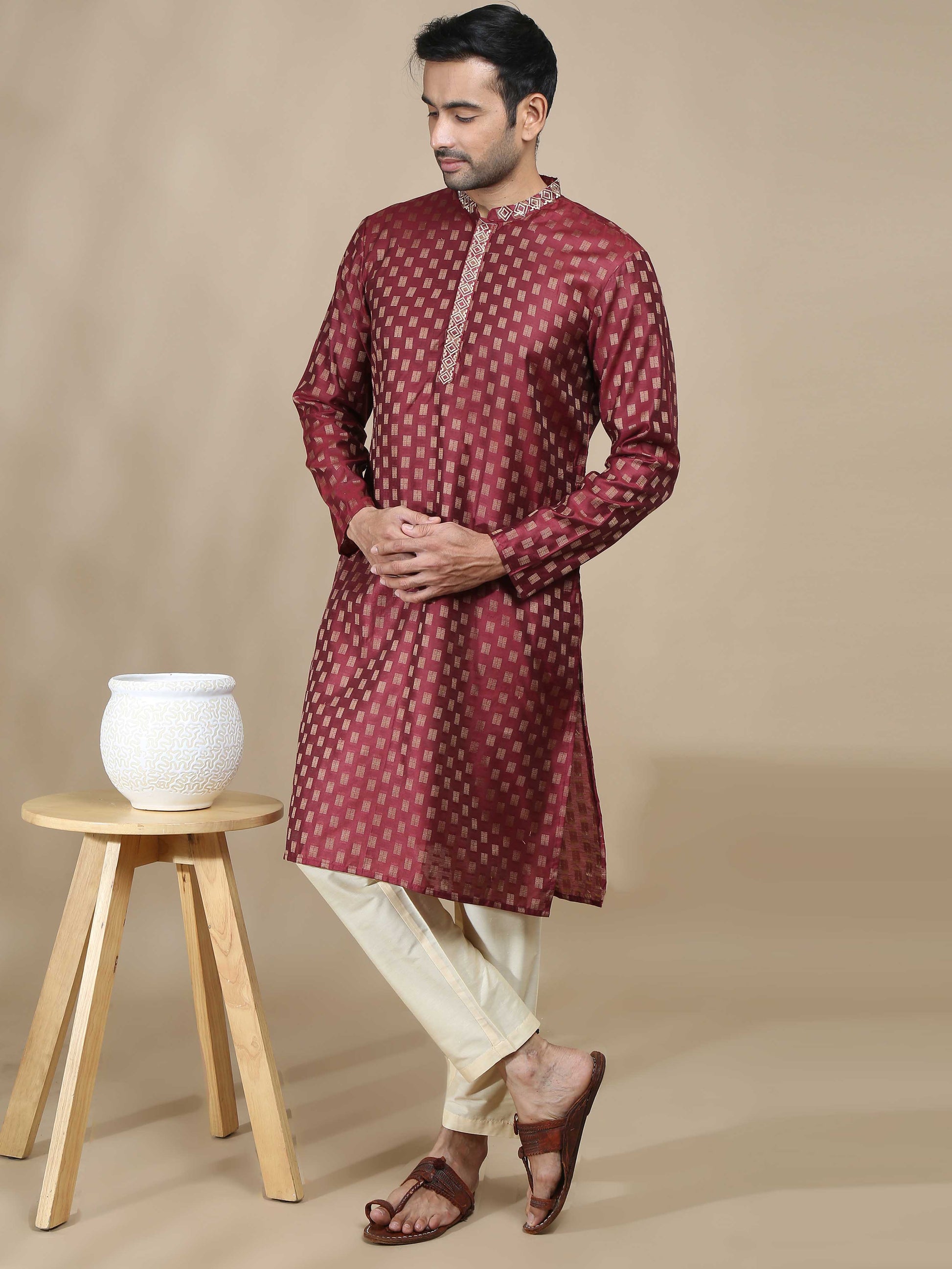 Deep Embroidered Red Long Kurta for men