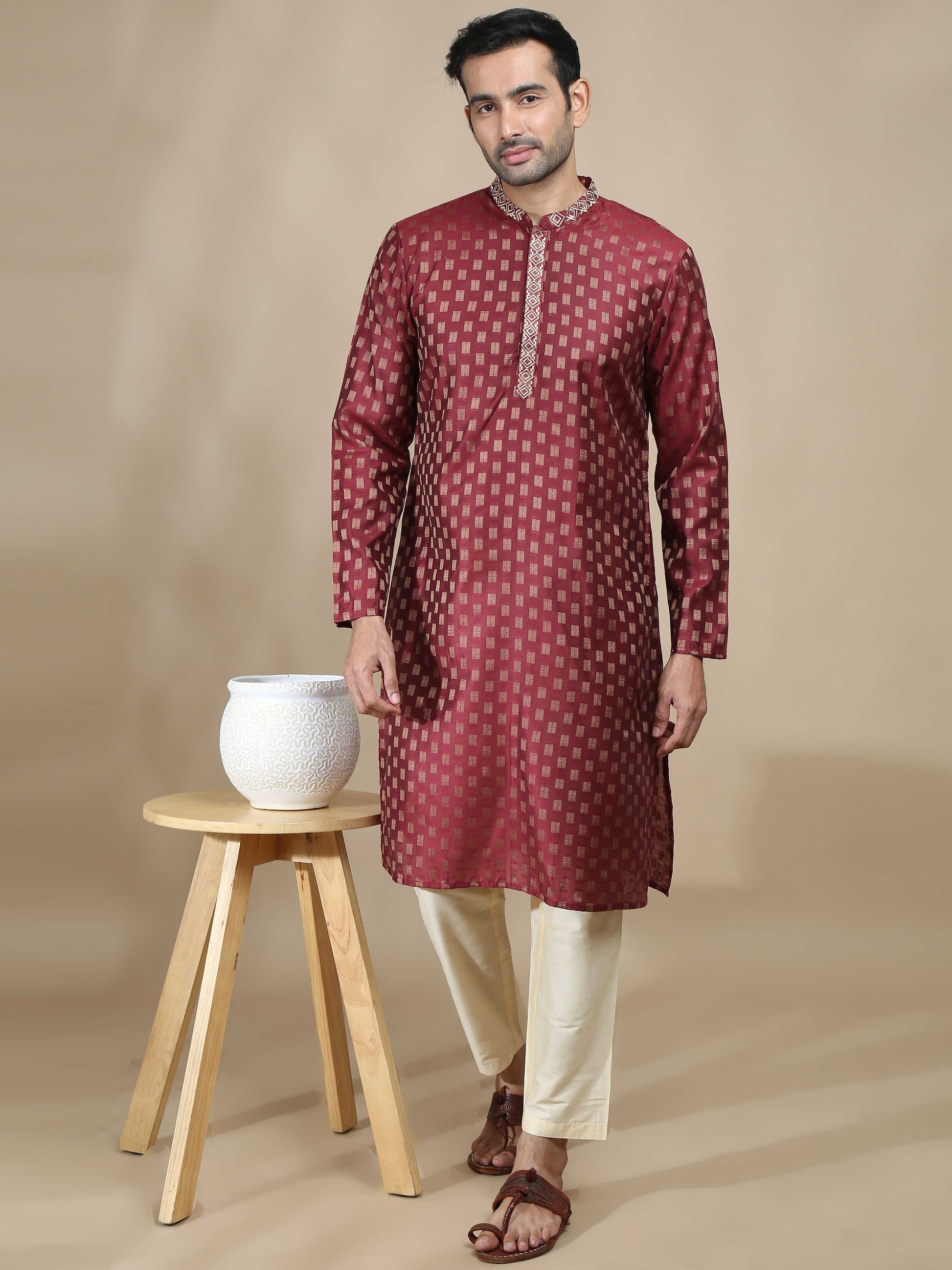 Deep Embroidered Red Long Kurta for men