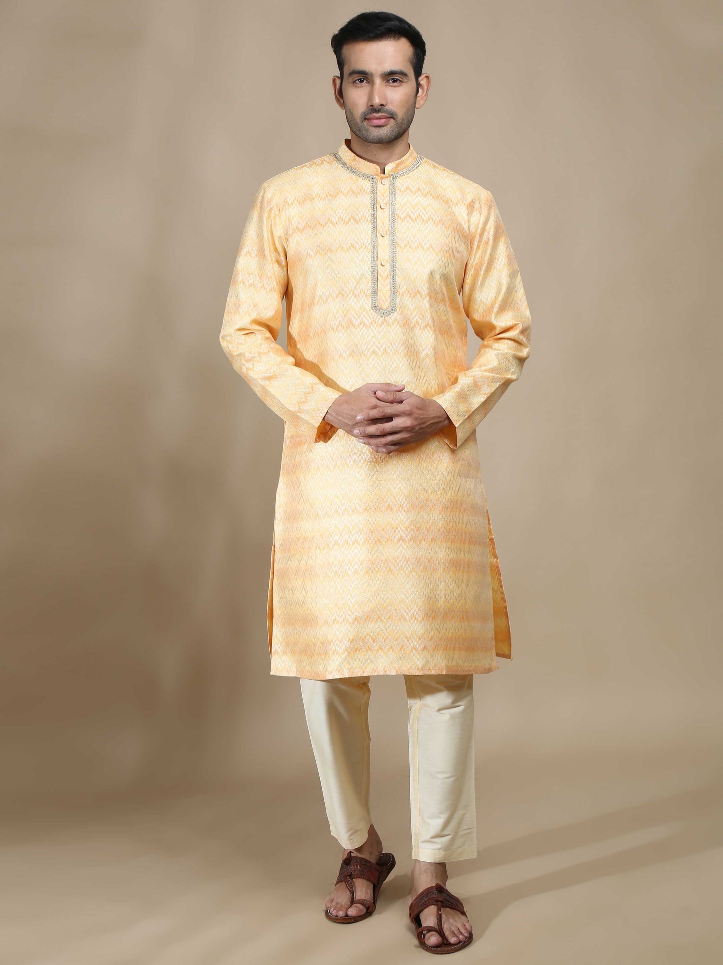 Yellow and Grey Banarasi Brocade Long Kurta