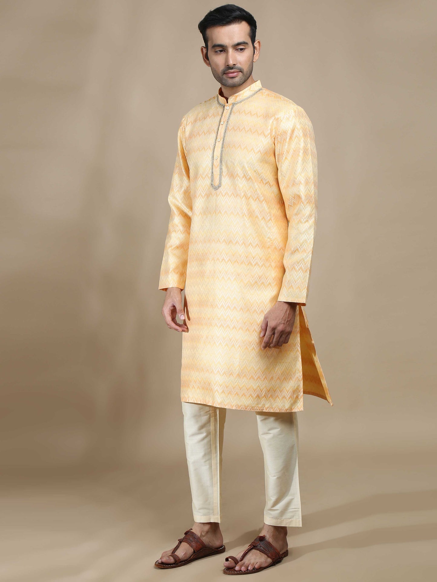 Yellow and Grey Banarasi Brocade Long Kurta