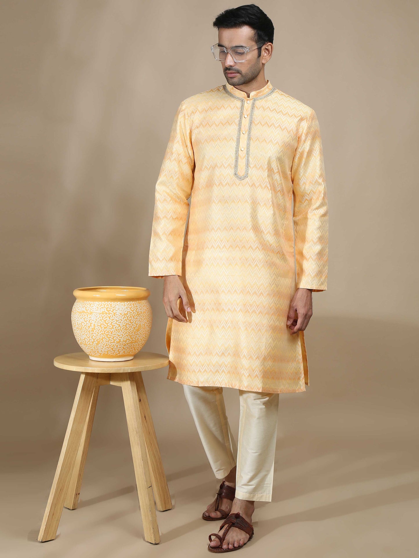 Yellow and Grey Banarasi Brocade Long Kurta