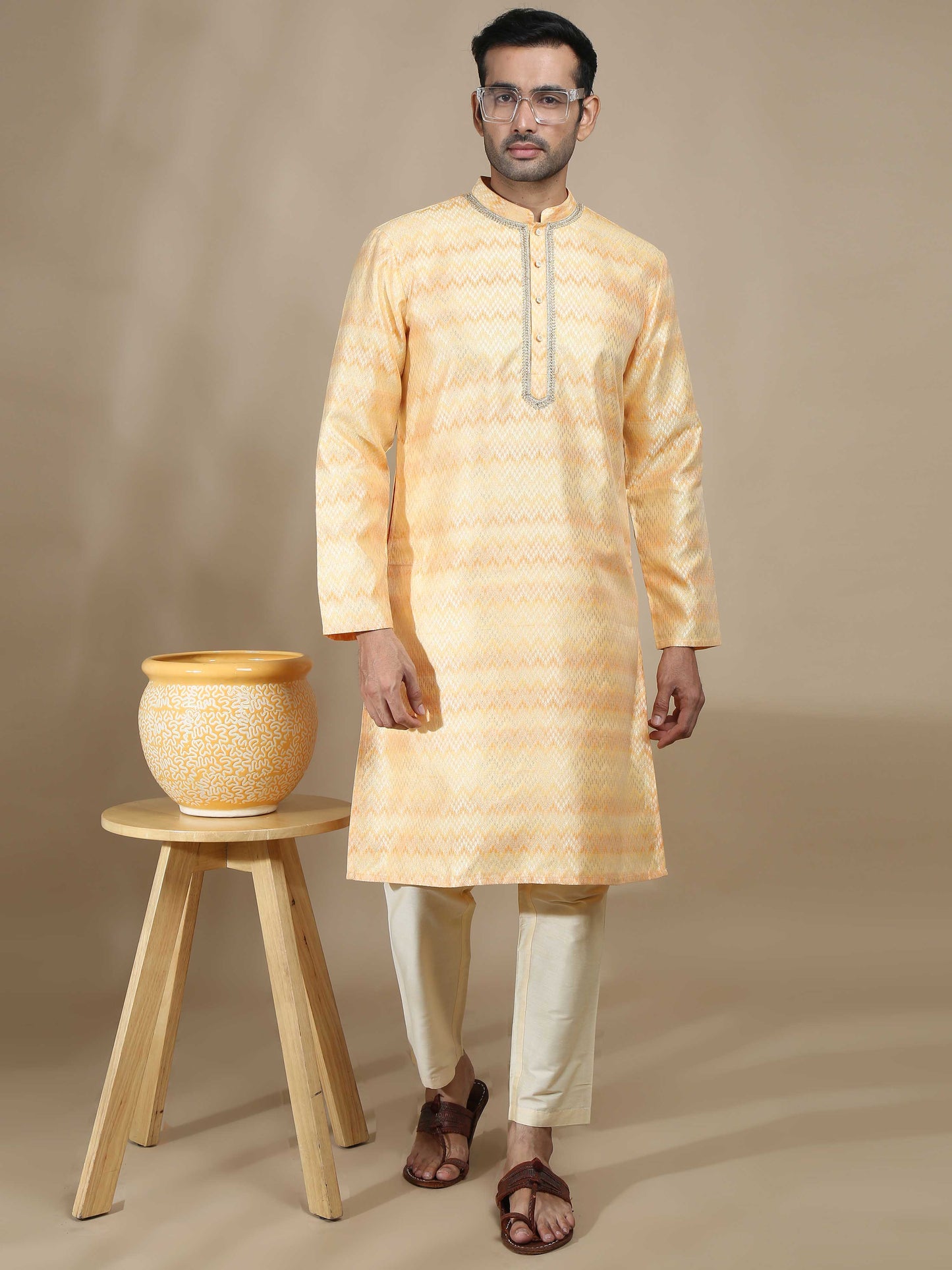 Yellow and Grey Banarasi Brocade Long Kurta