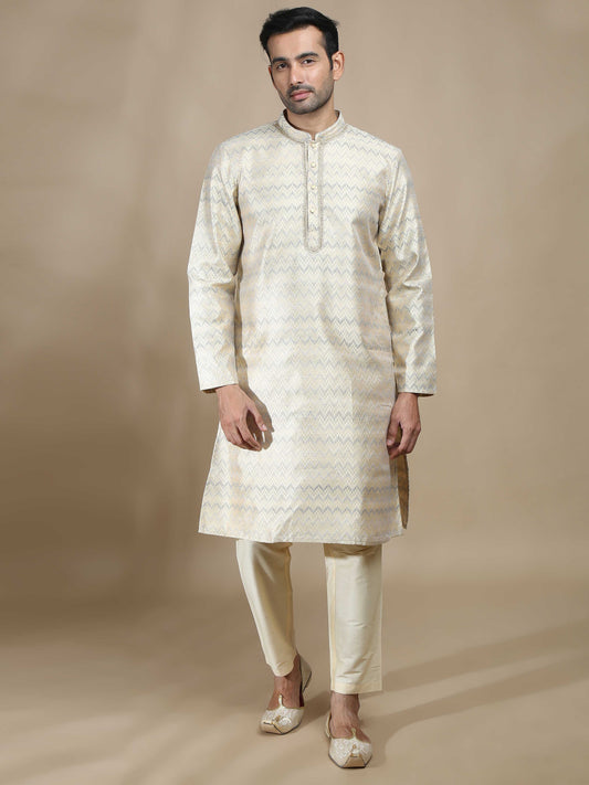 Beige and Grey Banarasi Brocade Long Kurta for Men