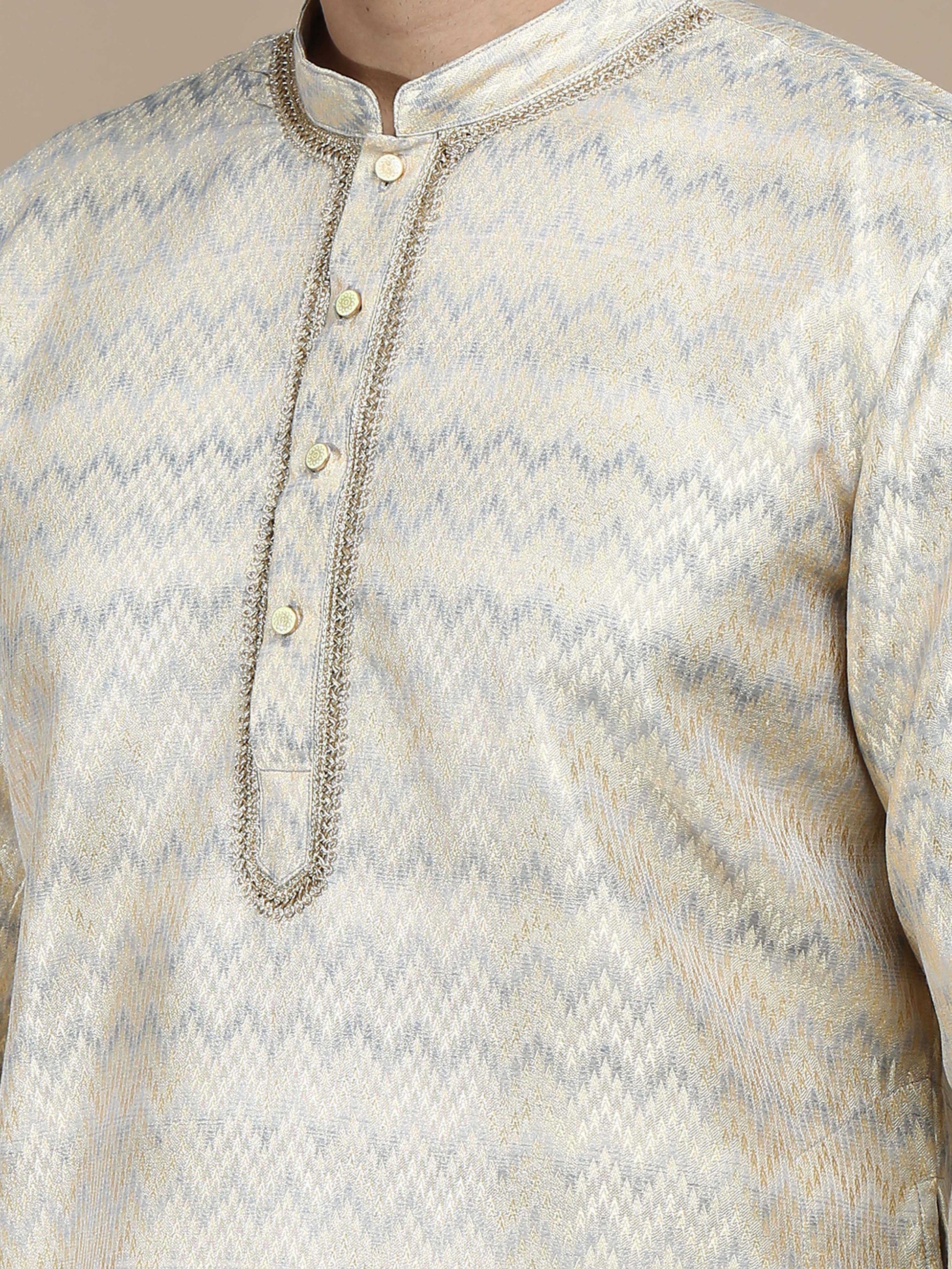 Beige and Grey Banarasi Brocade Long Kurta for Men