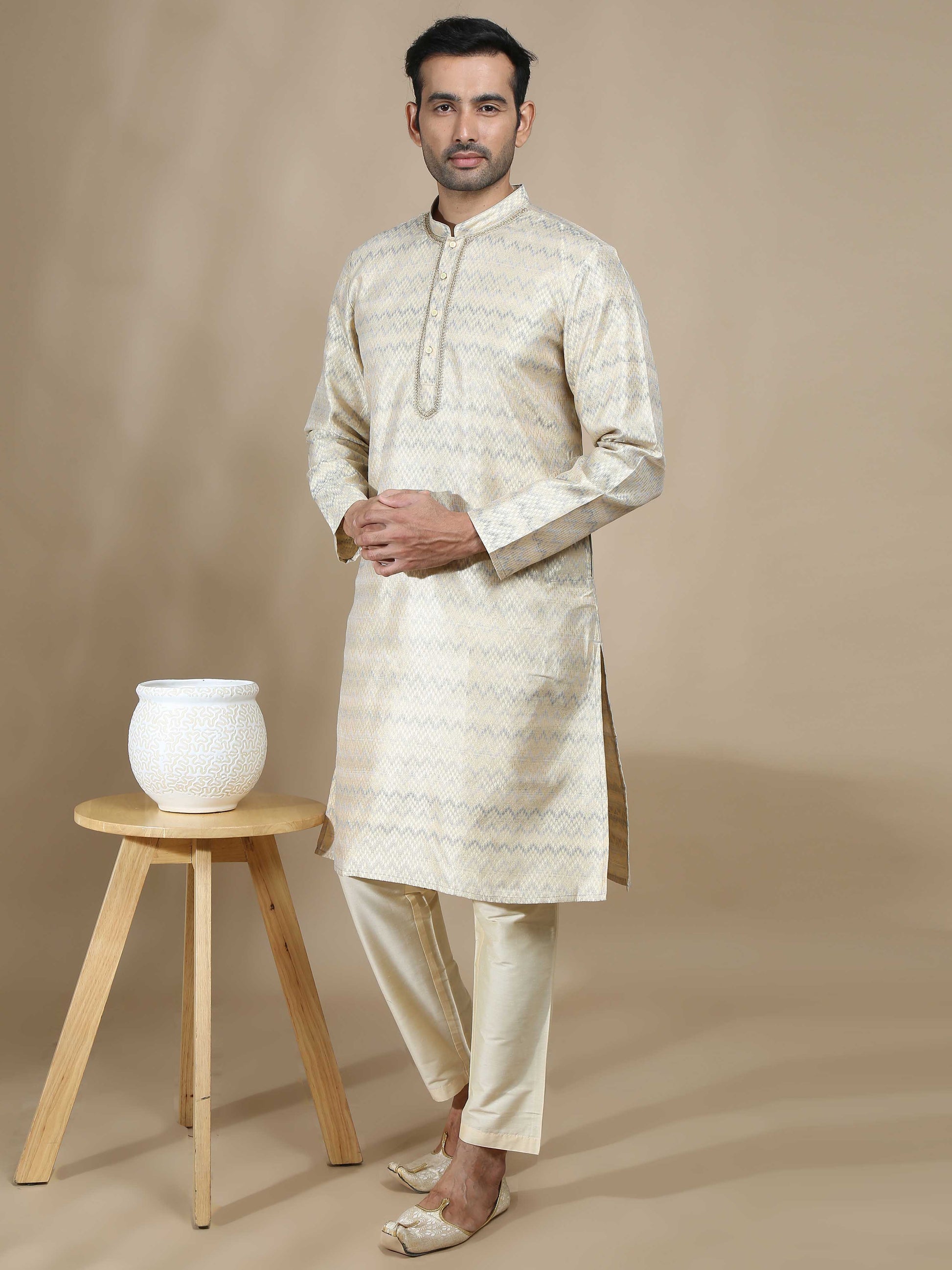 Beige and Grey Banarasi Brocade Long Kurta for Men