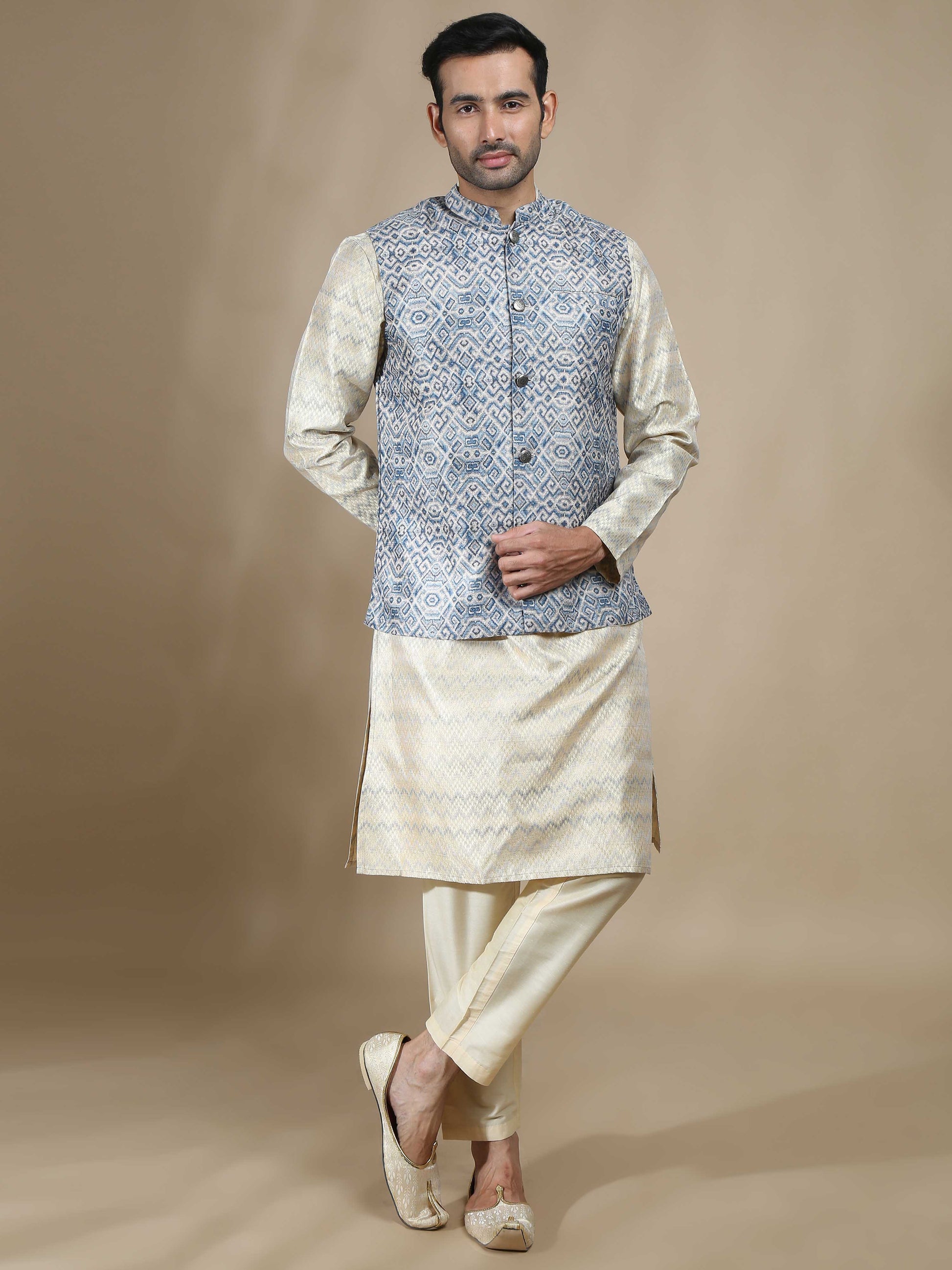 Blue and Beige Banarasi Nehru Jacket