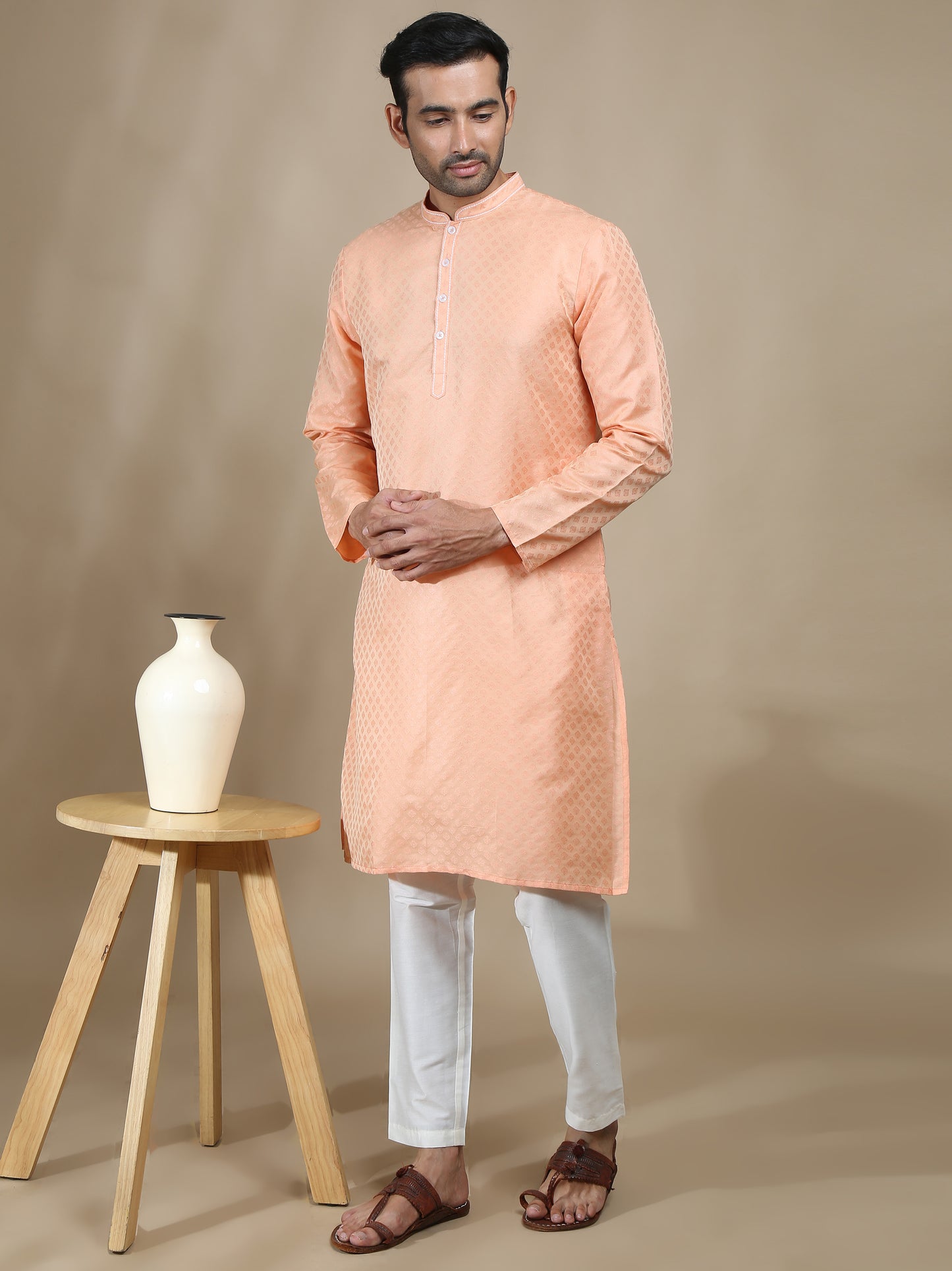 Peach Banarasi Buta Long Kurta