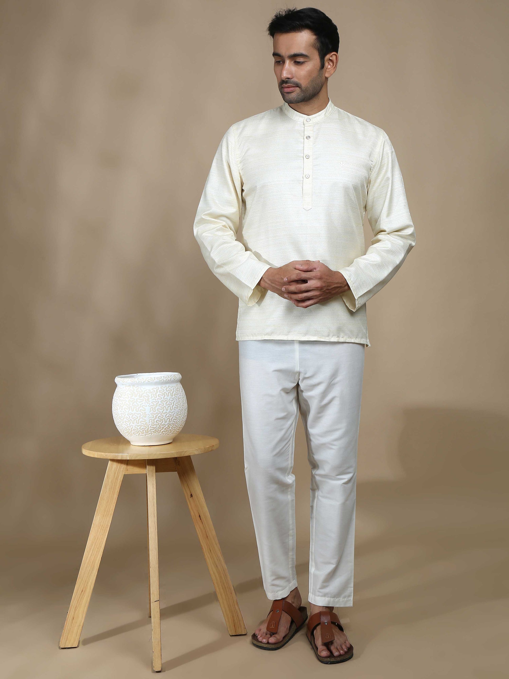 Off White Textured Short Kurta for Men